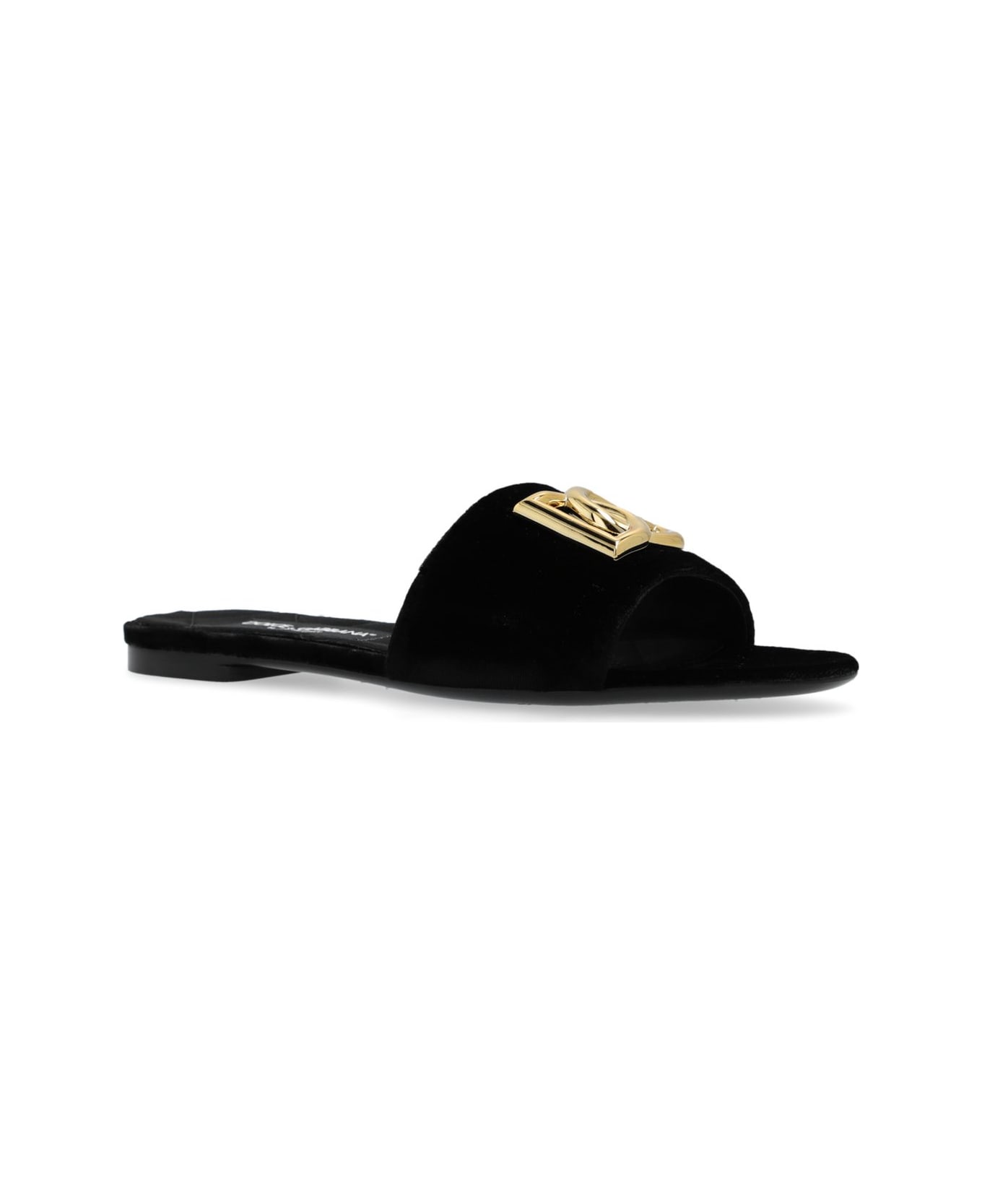 Dolce & Gabbana Dg Logo Plaque Velvet Slides - Black