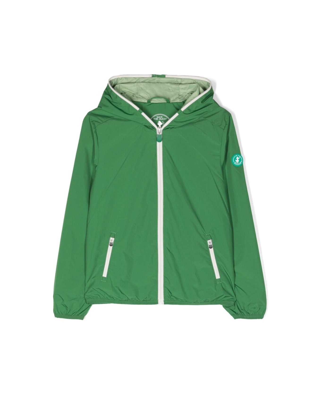 Save the Duck 'noel' Green Hooded Wind-break Jacket With Logo Patch In Polyeter Boy - Green コート＆ジャケット