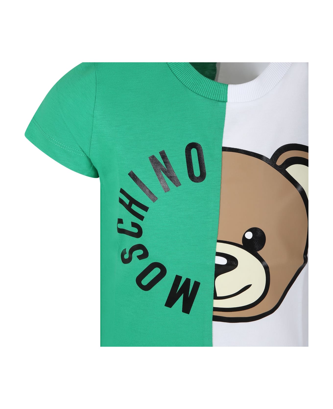 Moschino Green T-shirt For Kids With Teddy Bear And Logo - Green