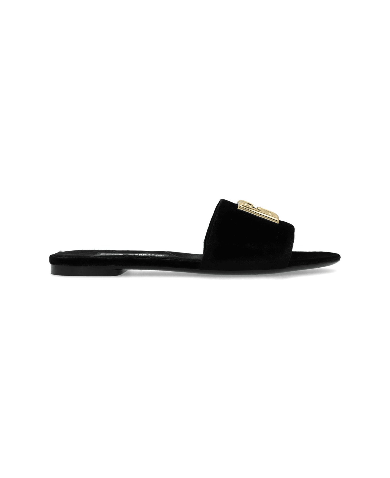 Dolce & Gabbana Dg Logo Plaque Velvet Slides - Black