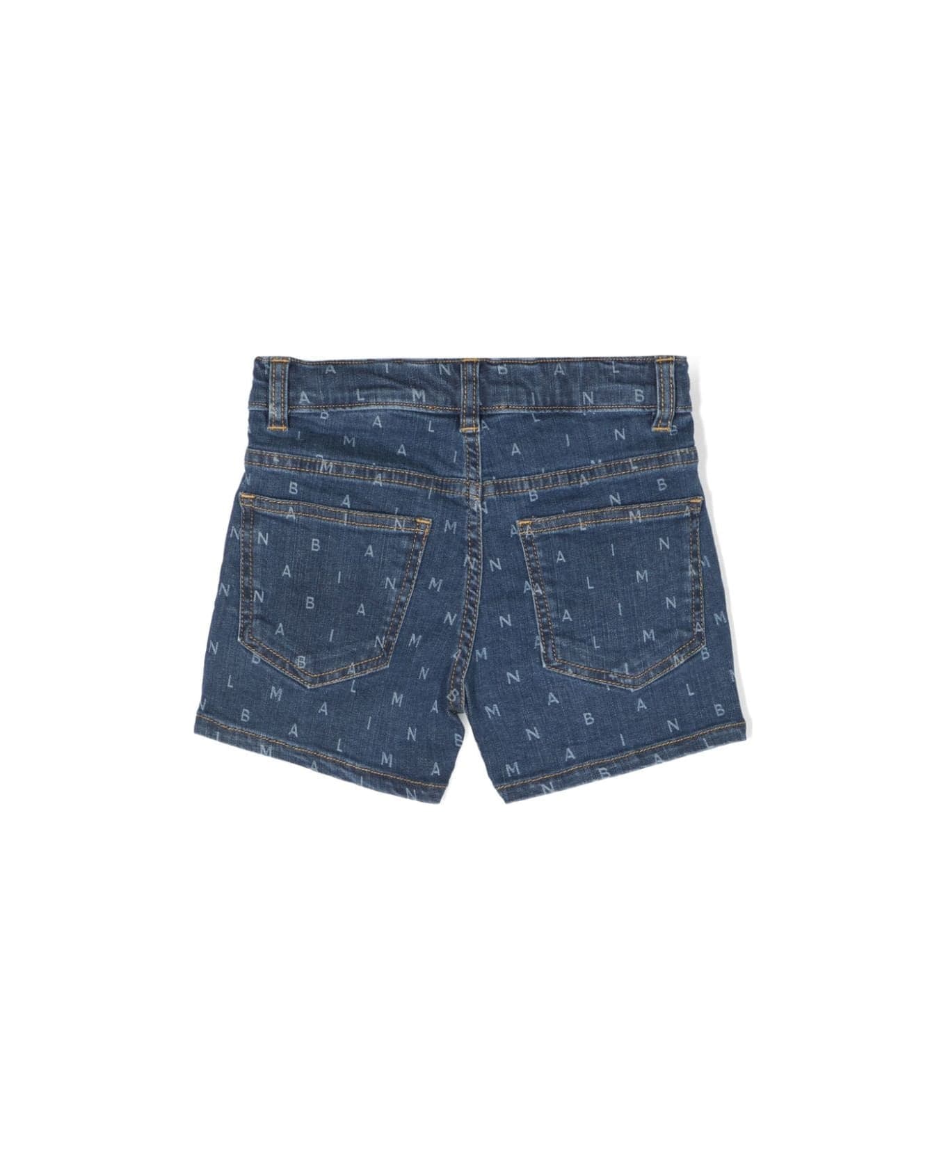Balmain Denim Shorts With All-over Logo - Blue ボトムス