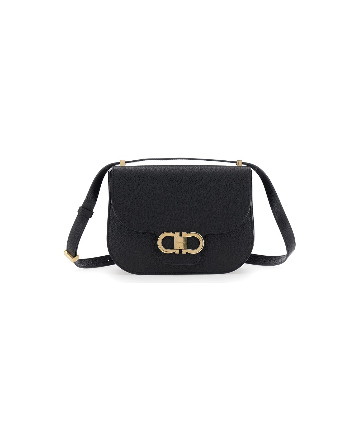 Ferragamo Black Crossbody Bag With Double Gancini Plaque On The Front In Grained Leather Woman - Black