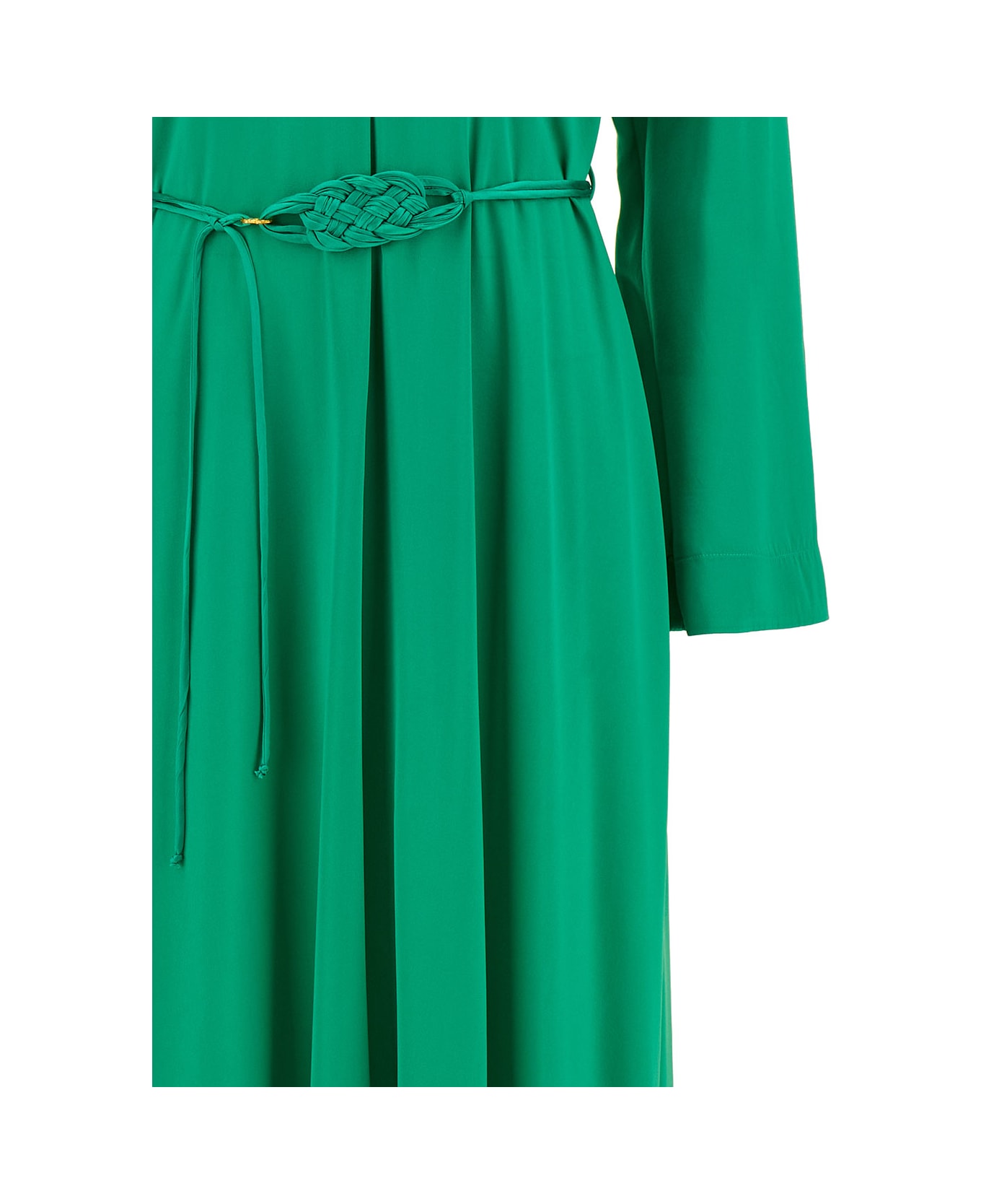 Forte_Forte Long Green Dress With Belt And Long Sleeves In Stretch Silk Woman - Green