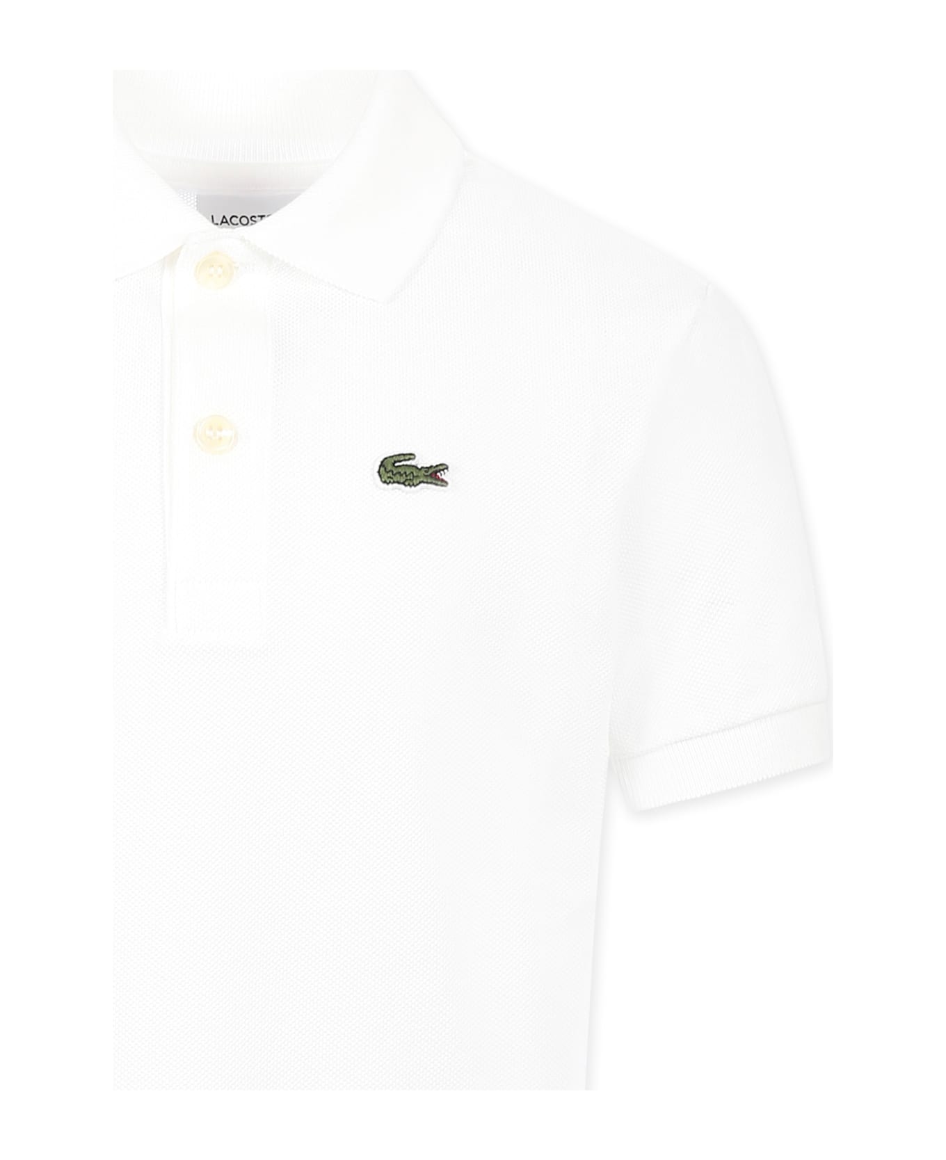 Lacoste White Polo Shirt For Boy With Green Crocodile - White