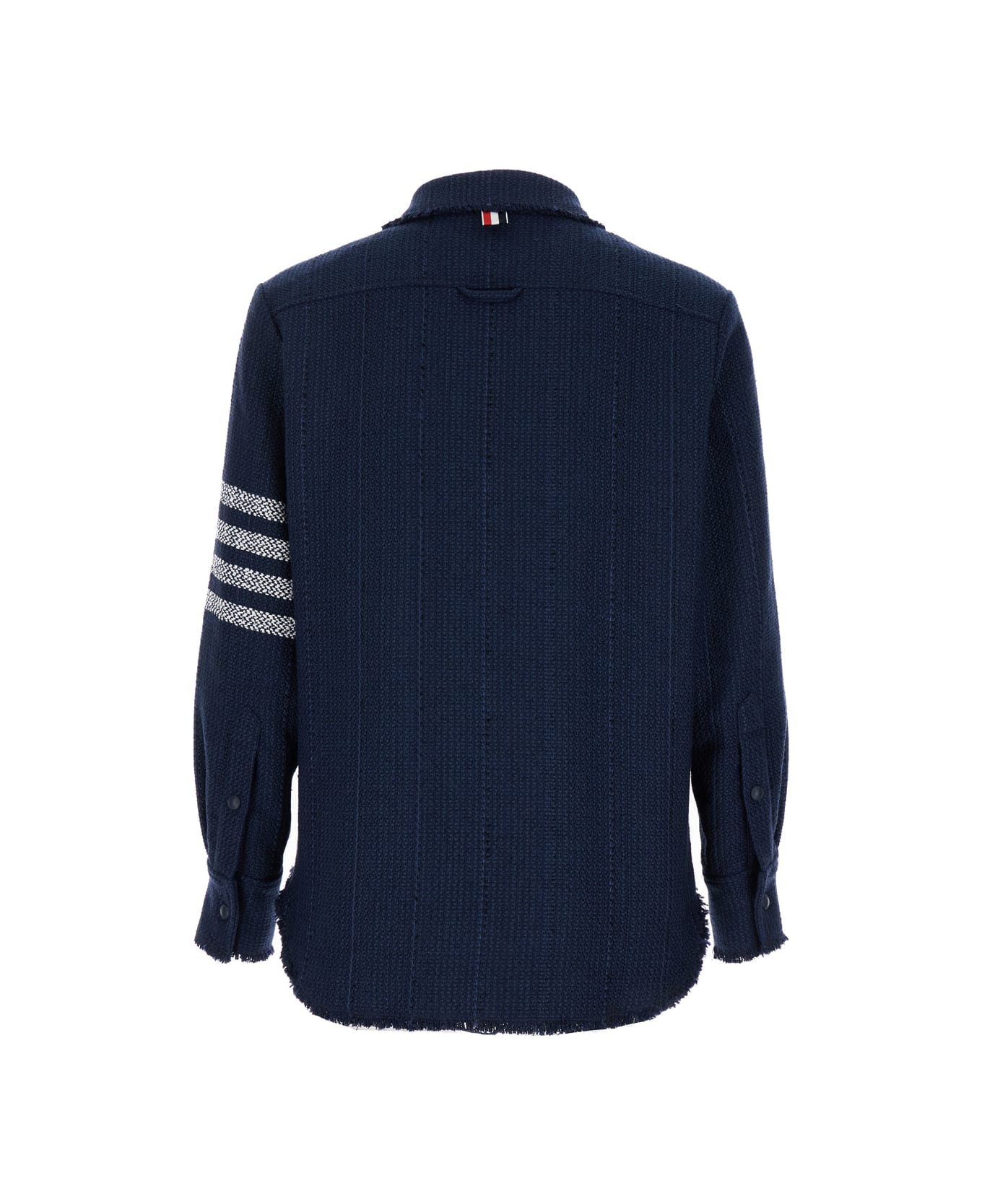Thom Browne Snap Front Shirt Jacket W/fray Edge In Woven 4 Bar Solid Cotton Tweed - Blu