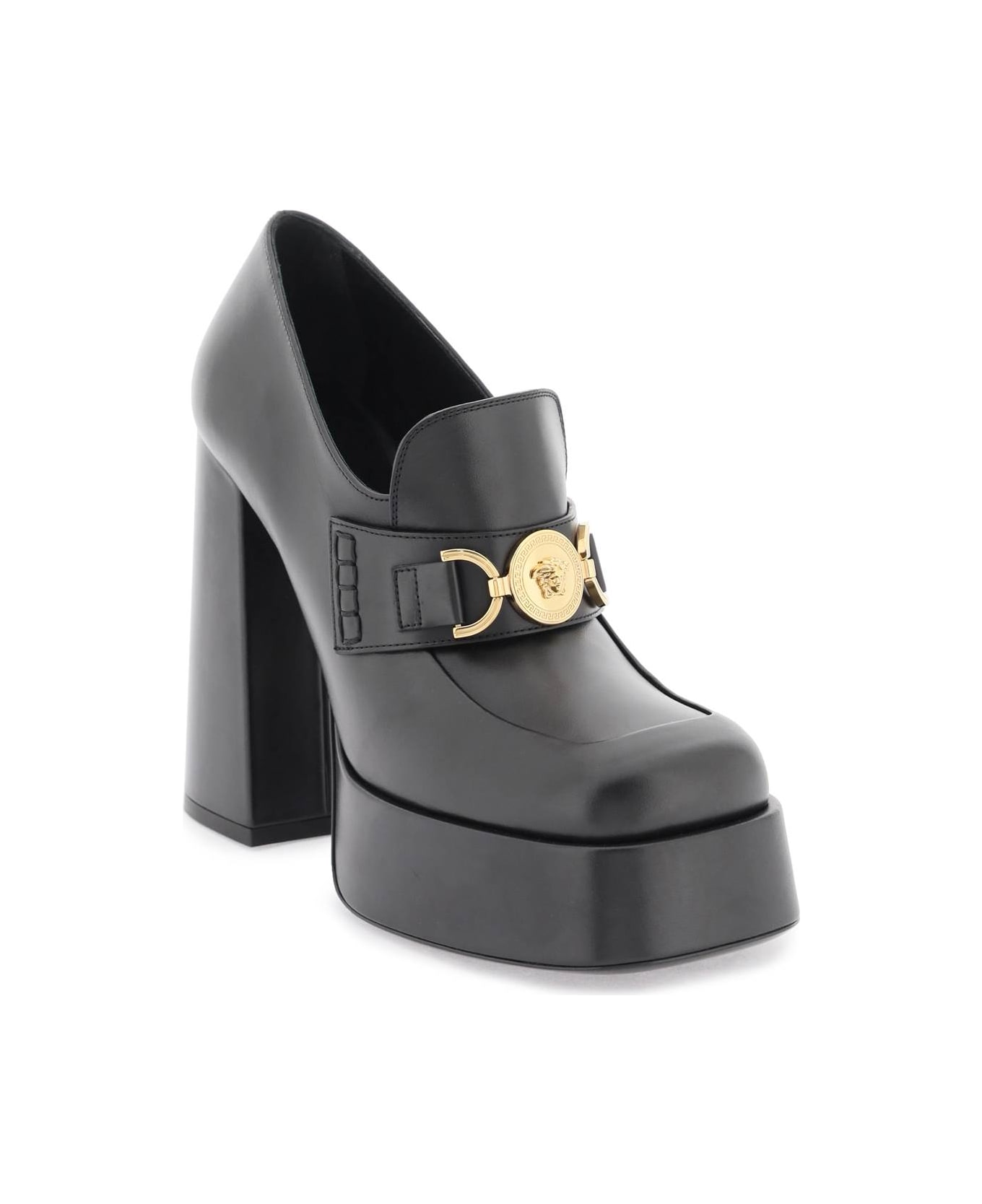 Versace Logo Detail Leather Loafers - Black ハイヒール