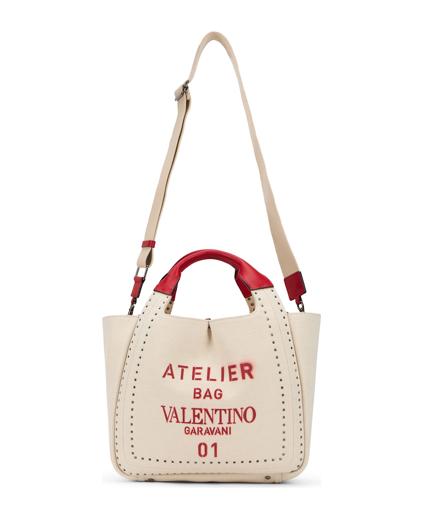 Valentino Garavani Elegant Beige Tote Bag With Red Details - Ivory