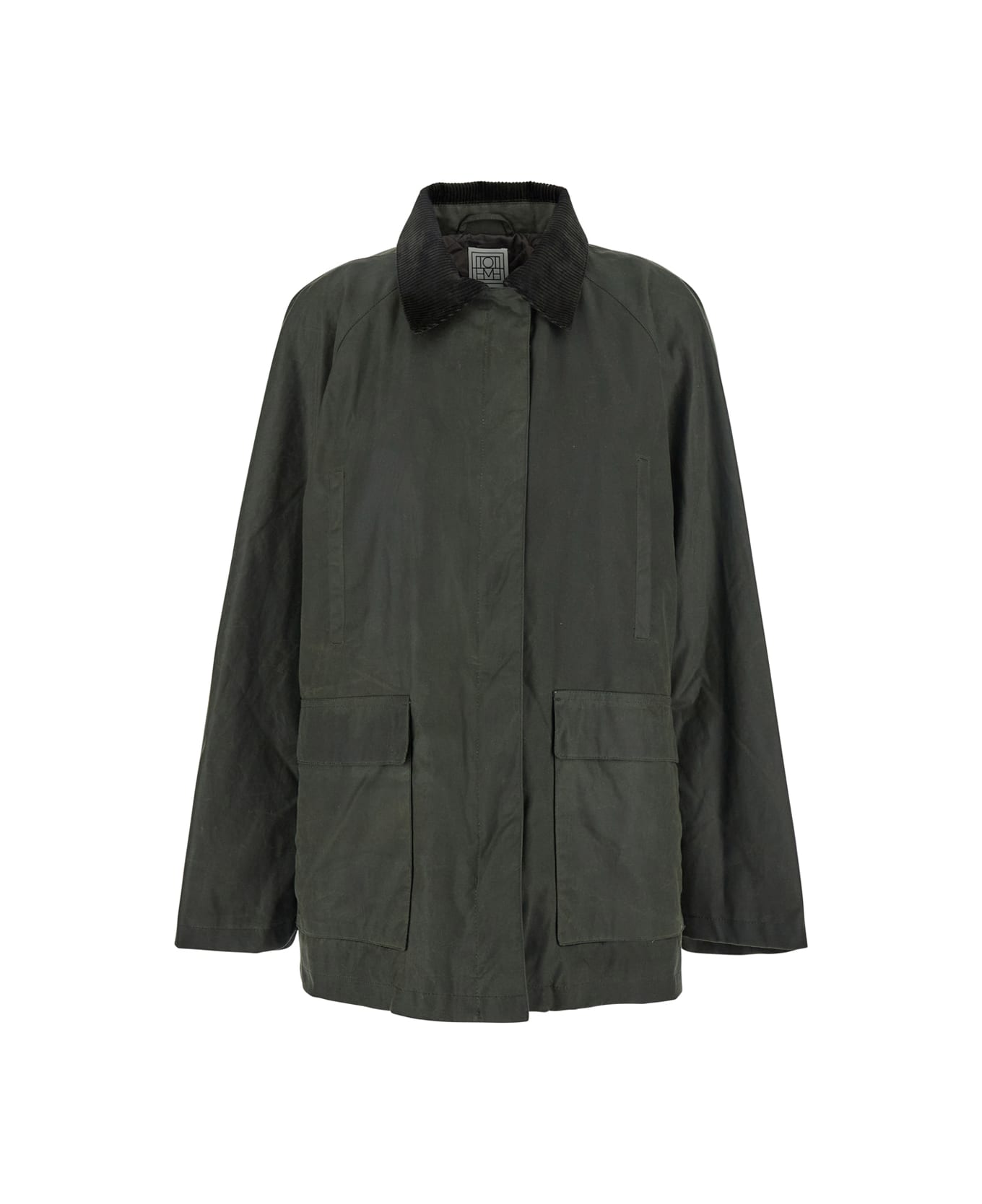 Totême Green Jacket With Corduroy Collar And Rear English Vents In Cotton Woman - Verde scuro