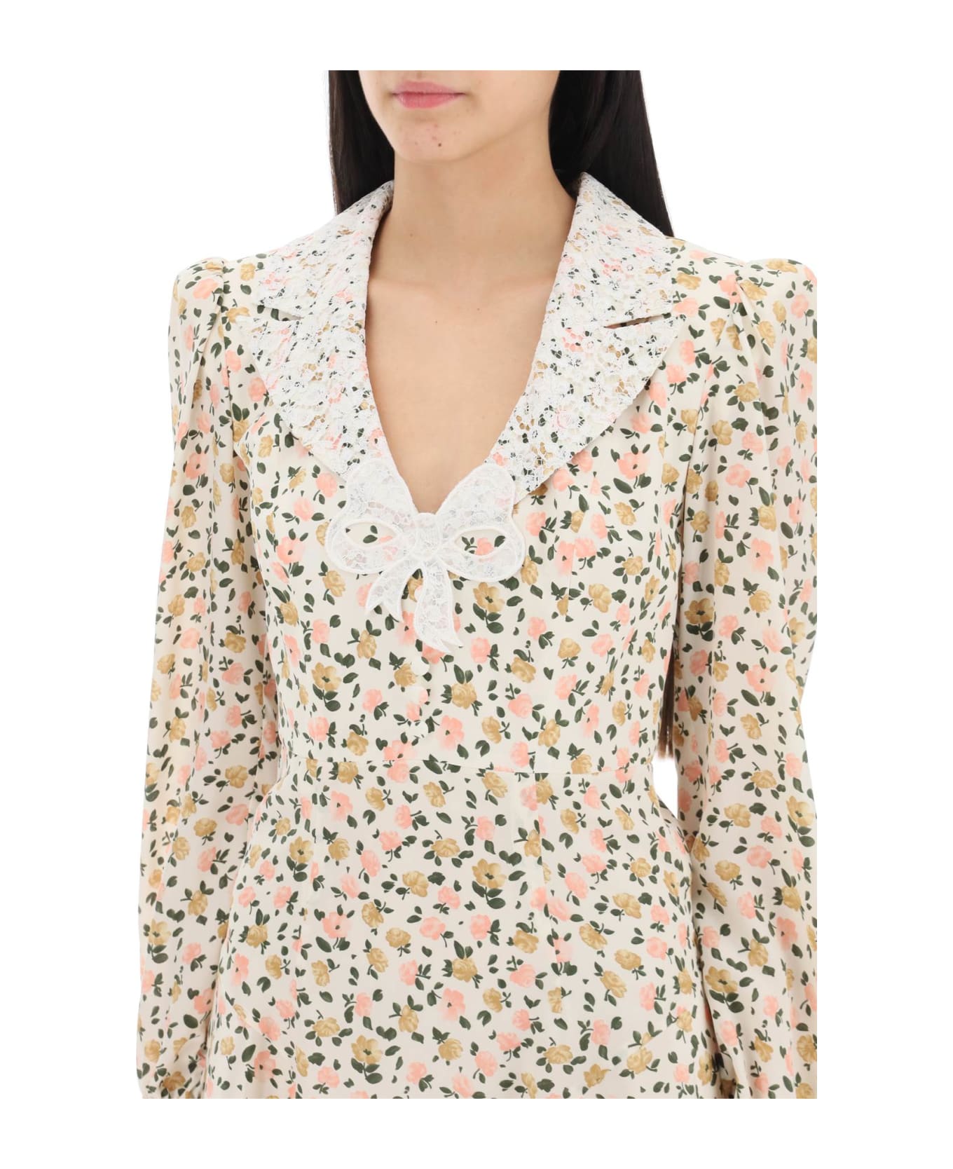 Alessandra Rich Lace Collar Floral Printed Dress - PINK MULTI (White)