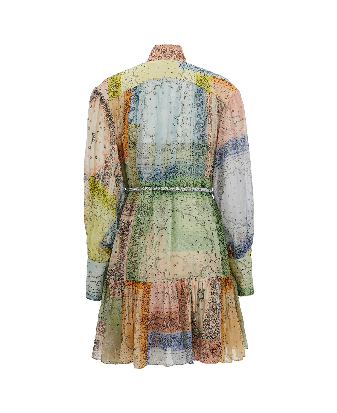 Zimmermann Mini Multicolor Patchwork Dress With Belt In Cotton And Silk Woman - NEUTRALS/BLUE