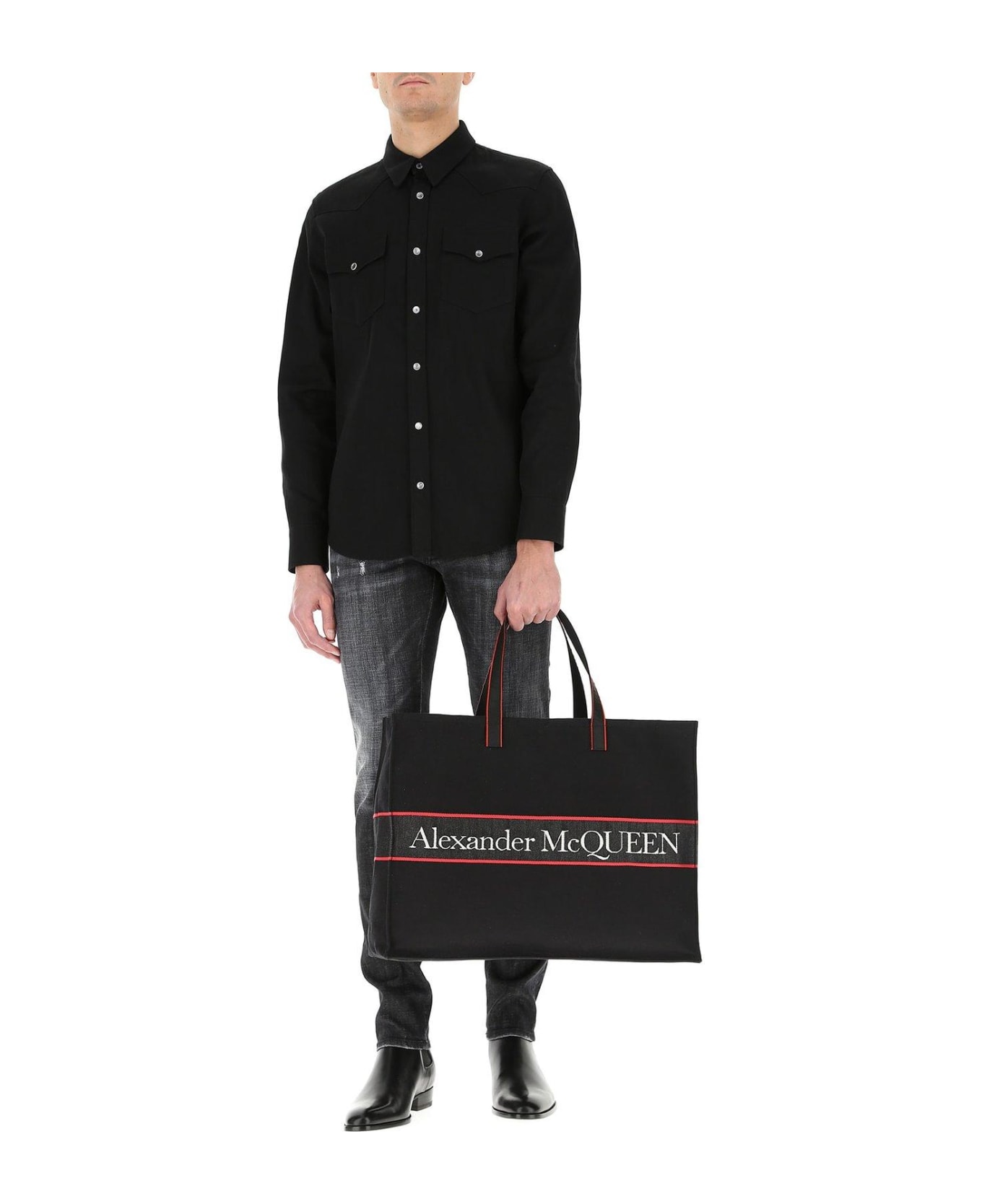 Alexander McQueen East West Selvedge Tote Bag - BLACK L RED OFFW