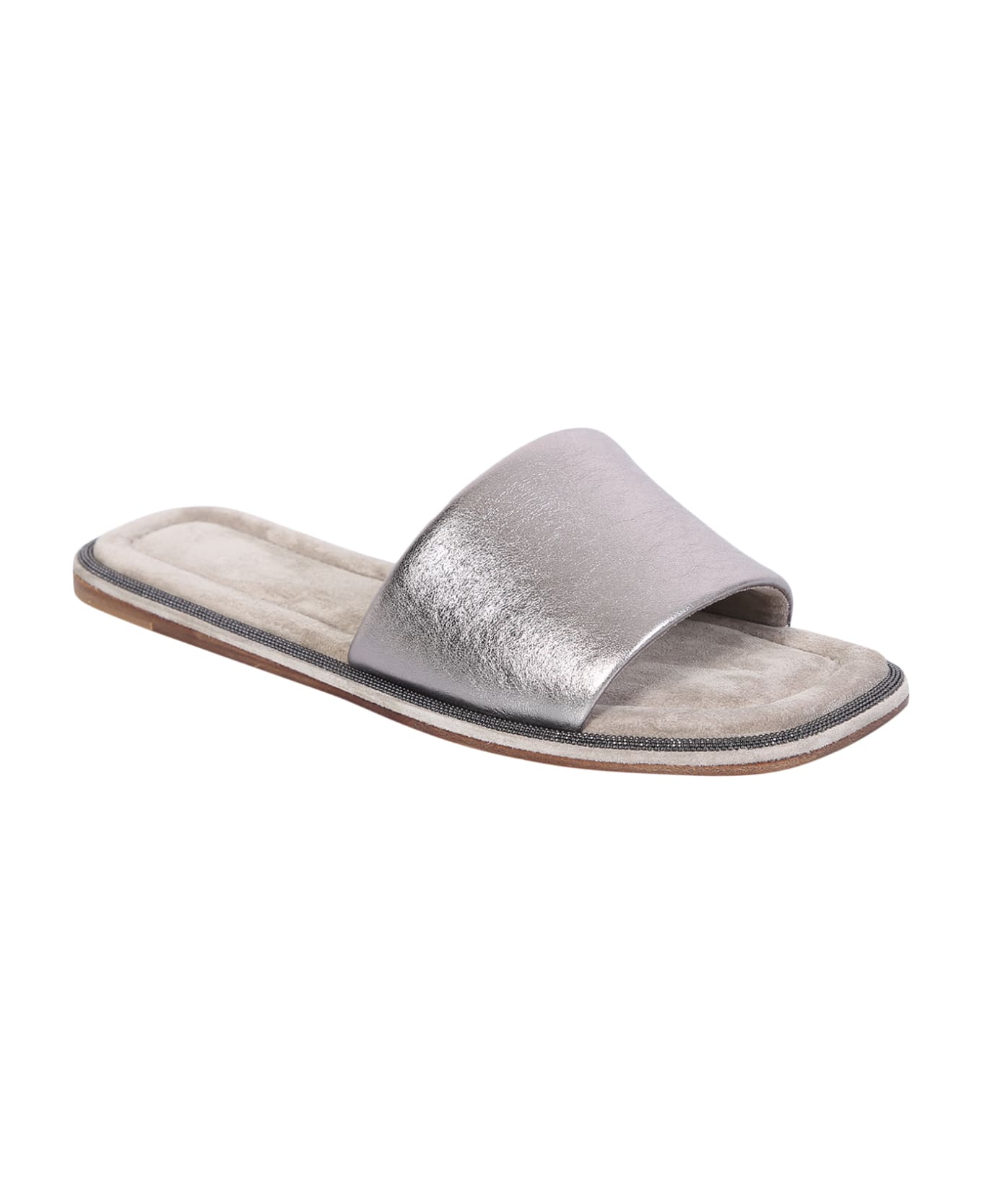 Brunello Cucinelli Leather Flat Sandals - Silver Metallic