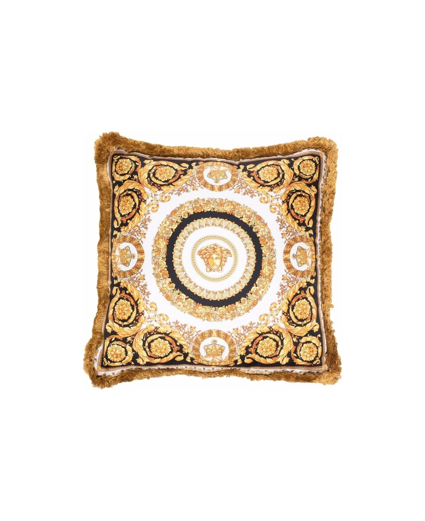 Versace Gold, Black And White Pillow  In Silk And Synthetic Fibers With Baroque Print - Black