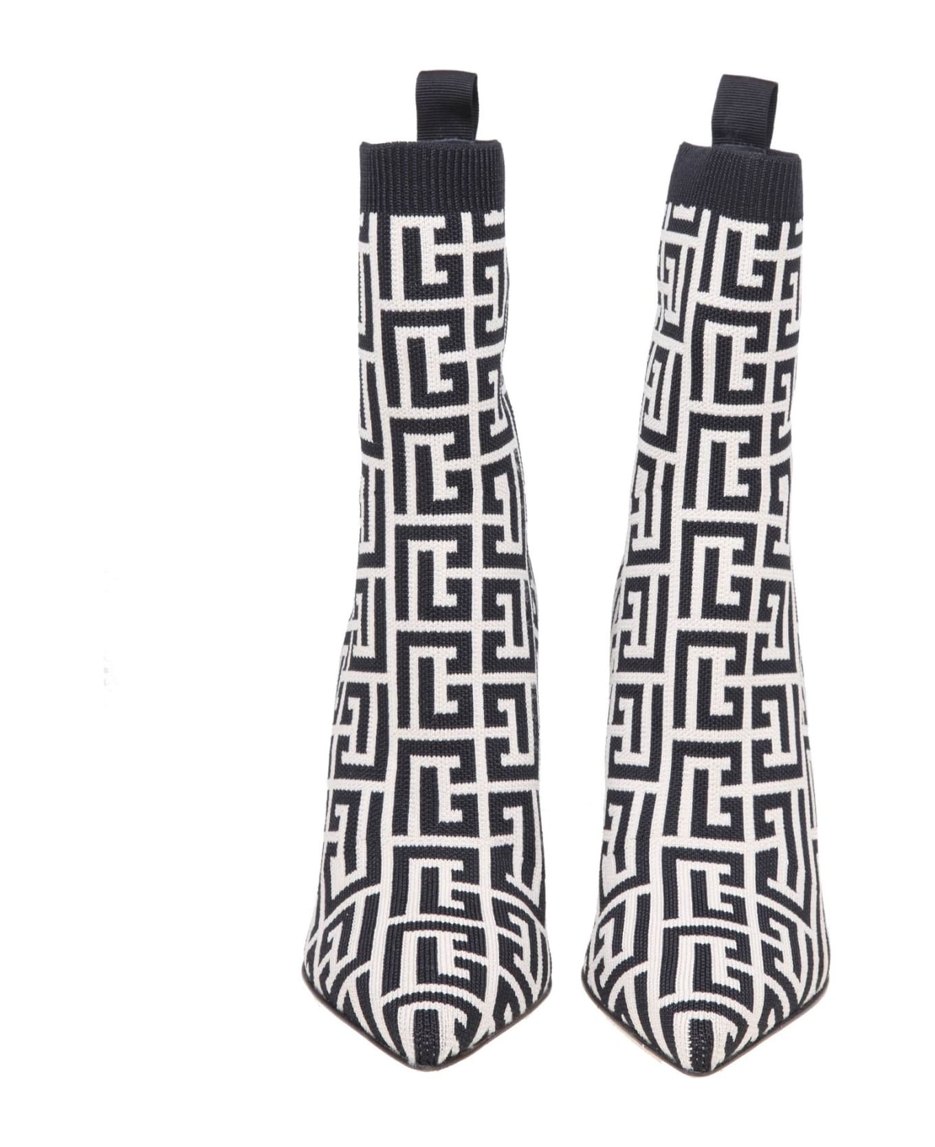 Balmain Black And Ivory Knitted Monogram Ankle Boots - IVOIRE/NOIR