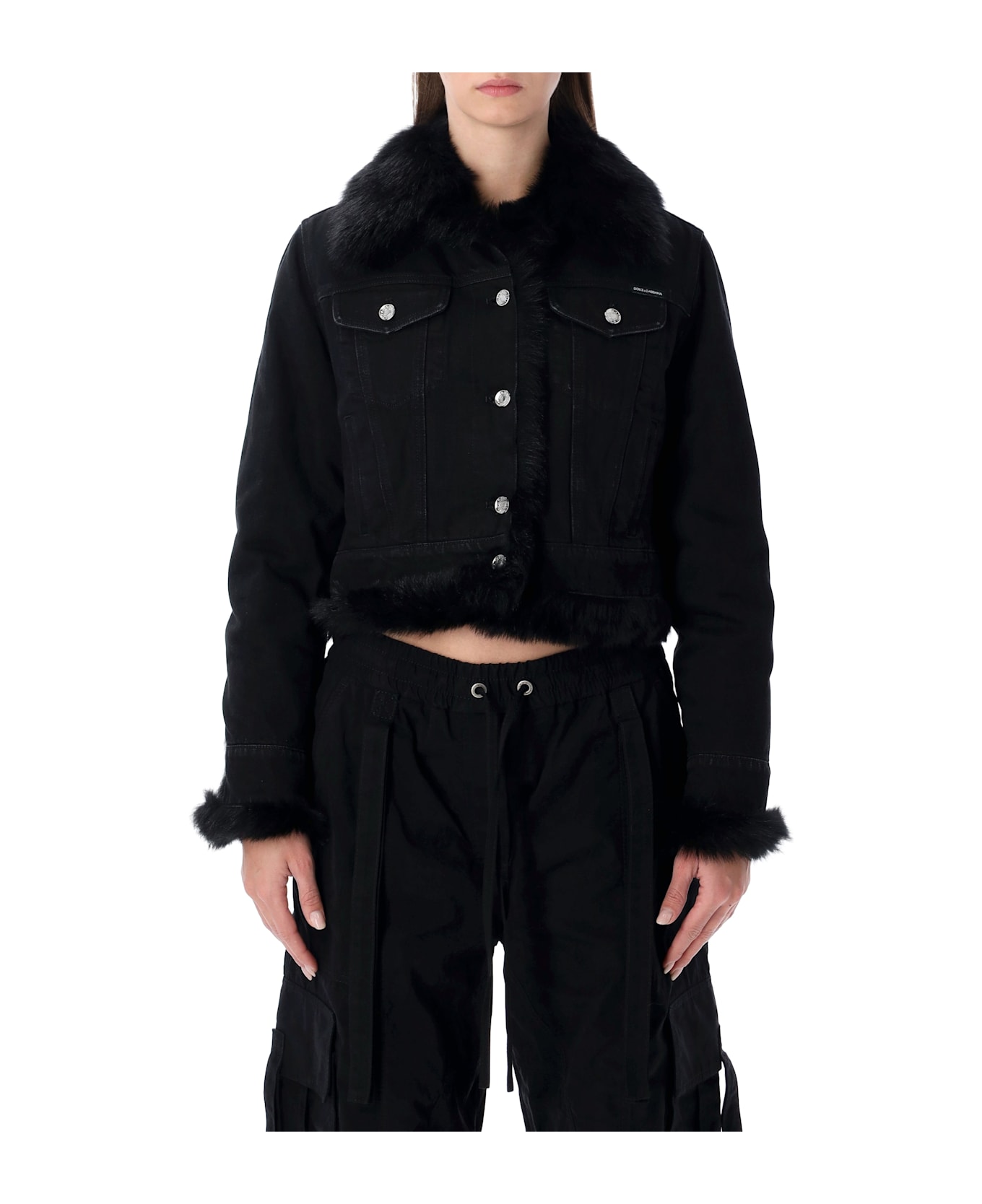 Dolce & Gabbana Short Black Denim Jacket With Faux Fur - BLACK