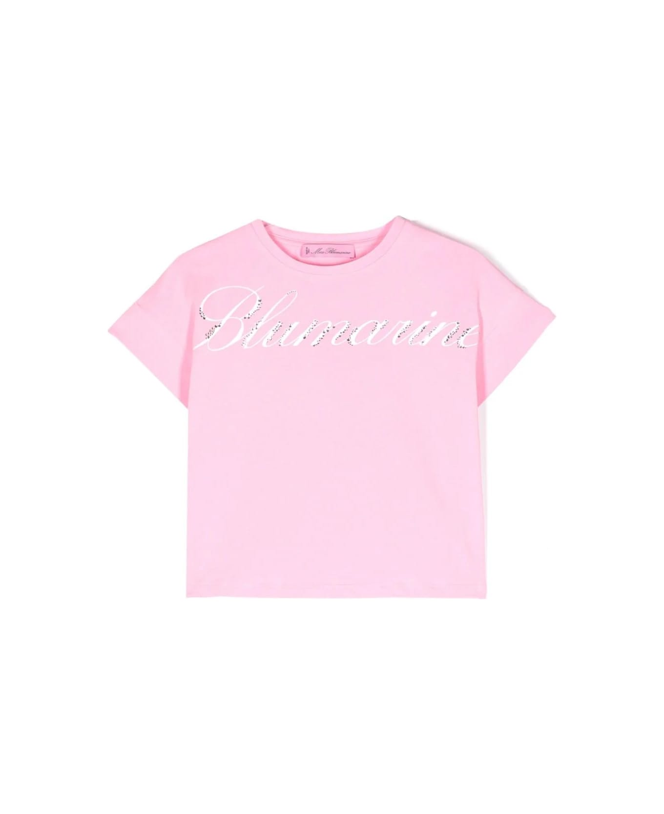 Miss Blumarine Pink T-shirt With Logo Print With Rhinestones - Rosa
