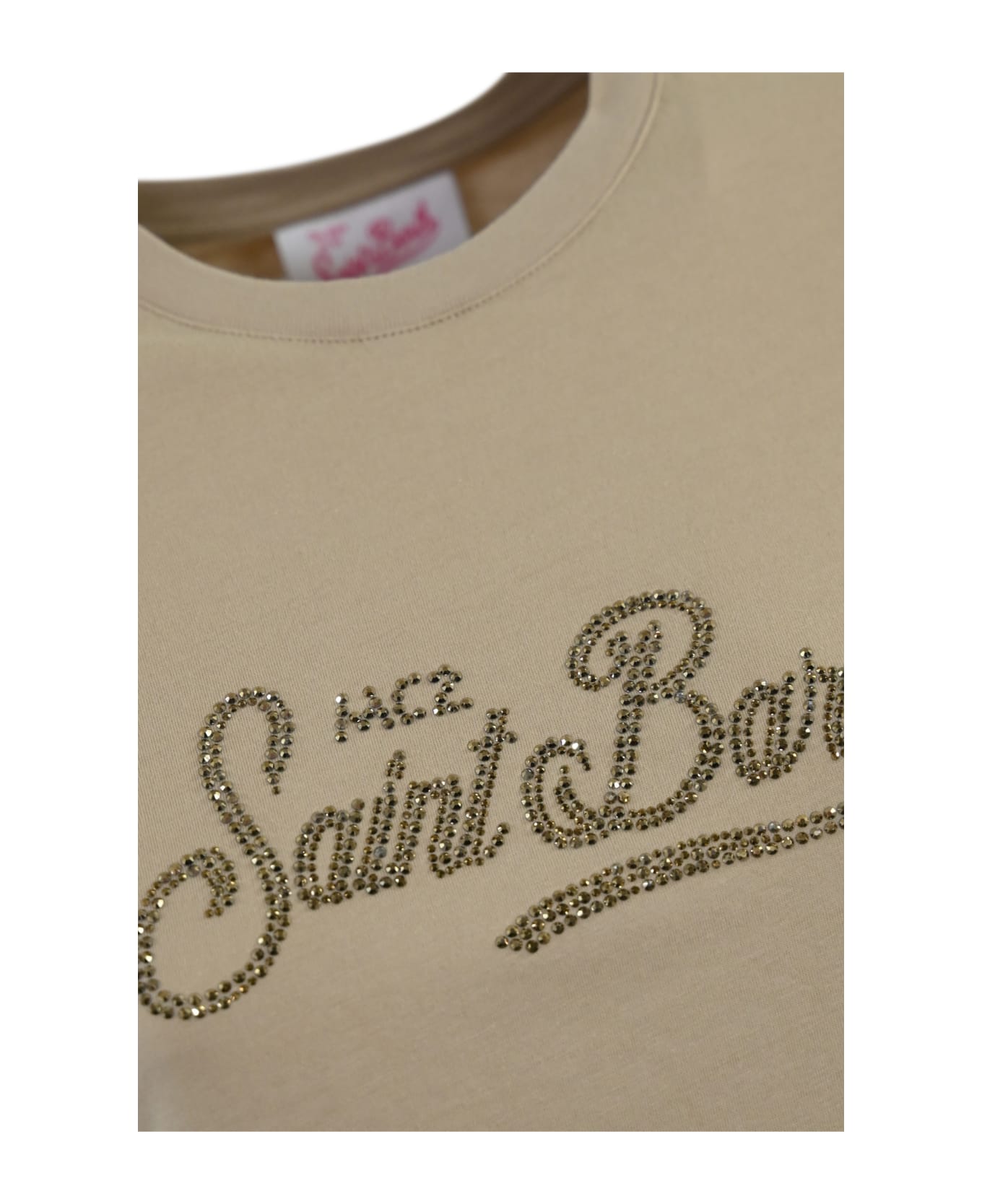 MC2 Saint Barth Emilie T-shirt With Beige Rhinestone Logo - Beige