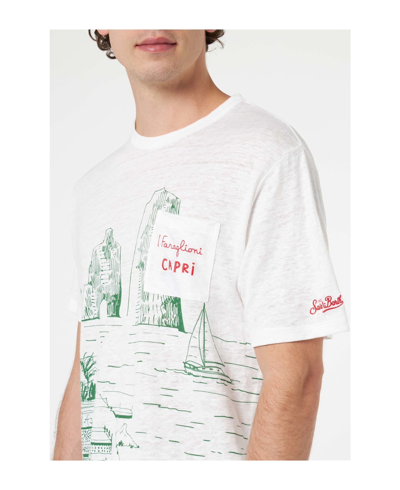 MC2 Saint Barth Man Linen Jersey T-shirt Ecstasea With Capri Placed Print And Embroidered Pocket - WHITE