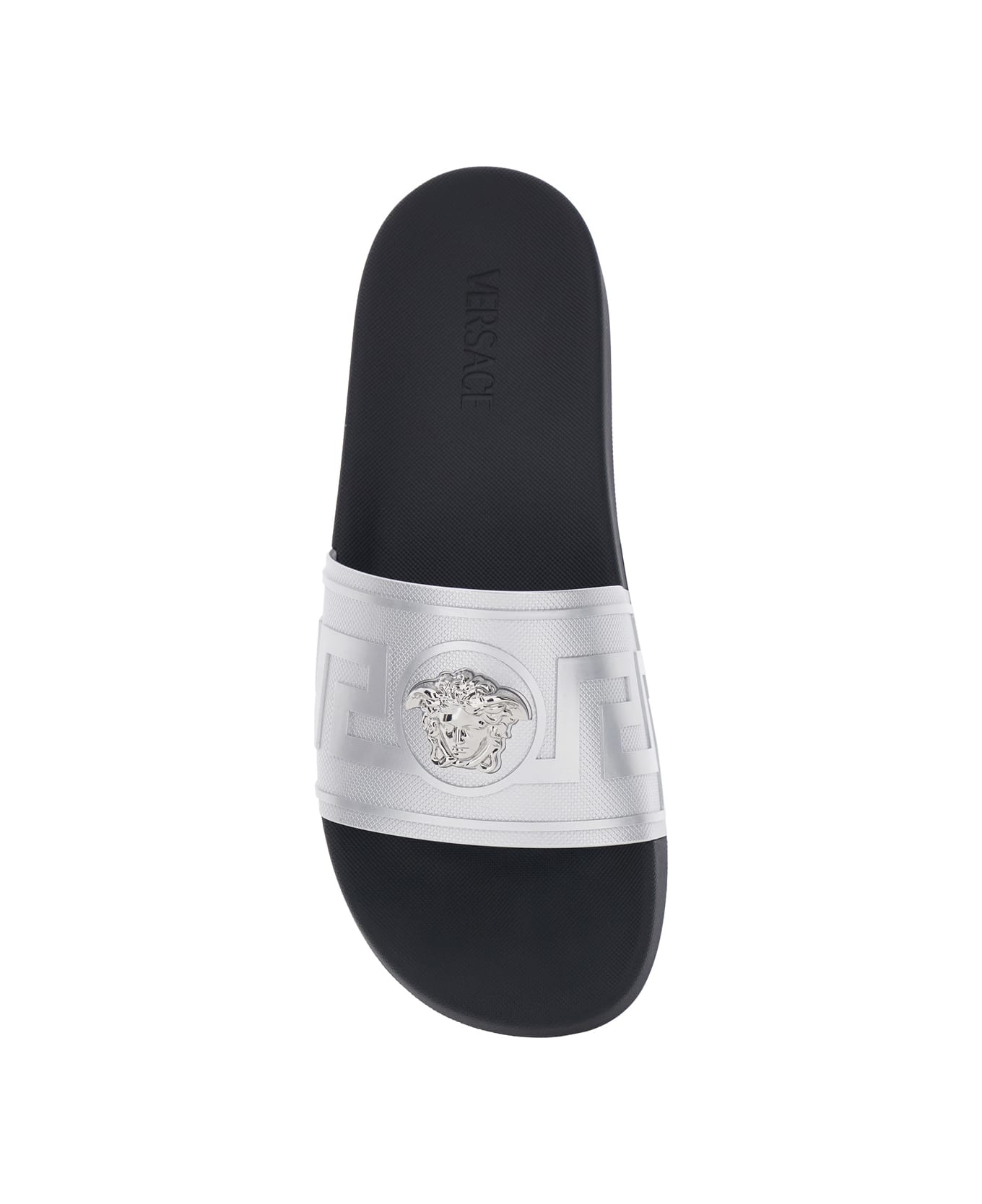 Versace Metallic Sandals With Open Round Toe And Medusa Detail On The Front In Tech Fabric Man - Metallic