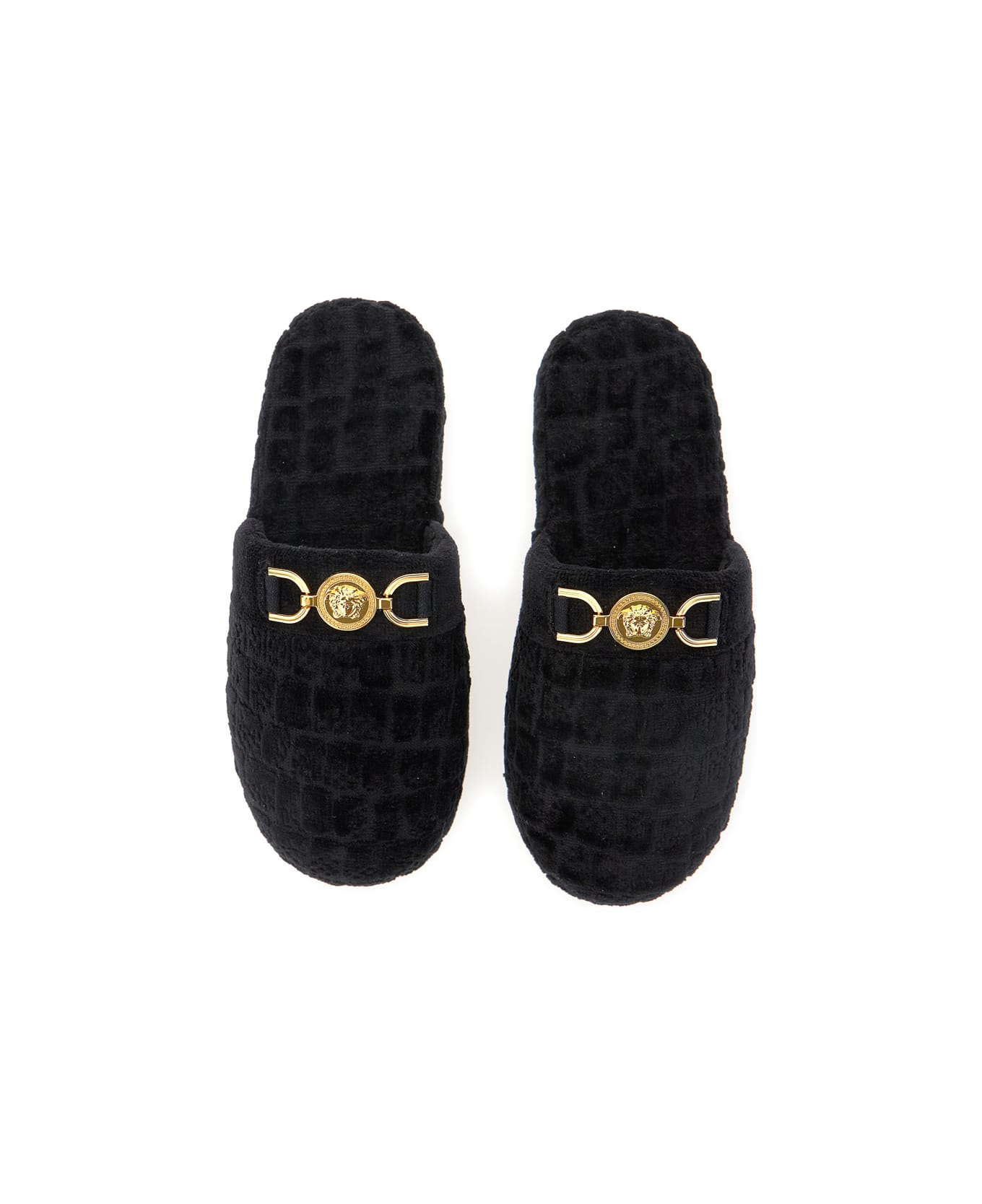 Versace Black Slippers With Logo Plaque In Fabric Man - Black