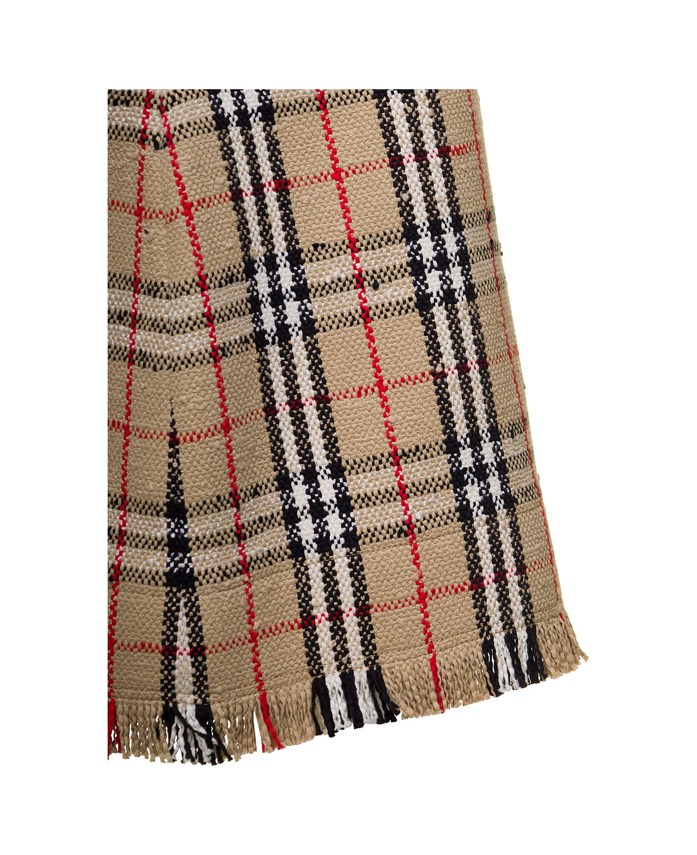 Burberry 'catia' Beige Mini Skirt With Fringed Hem And All-over Vintage Check Motif In Cotton Blend Woman - Beige