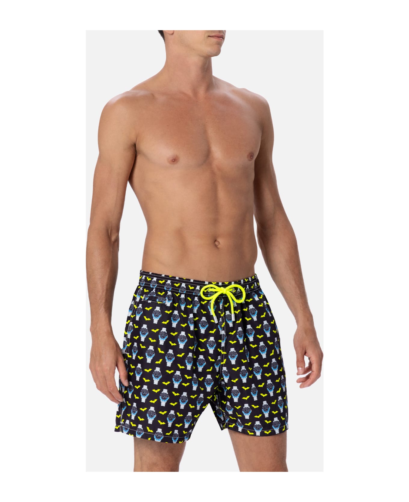 MC2 Saint Barth Man Lightweight Fabric Swim-shorts Lighting Micro Fantasy With Watches Print - BLACK