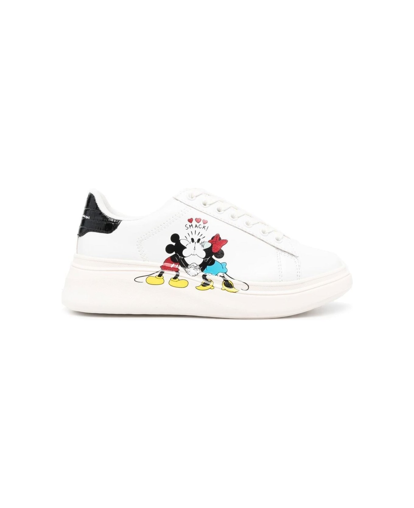 M.O.A. master of arts Moa Woman's White Leather Sneakers With Mickey Mouse Kiss Print - White