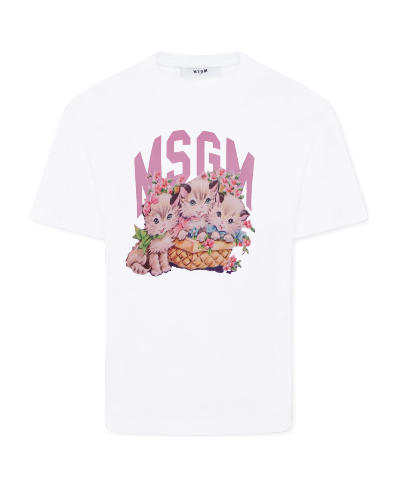 MSGM White T-shirt For Girl With Logo And Cat Print - White