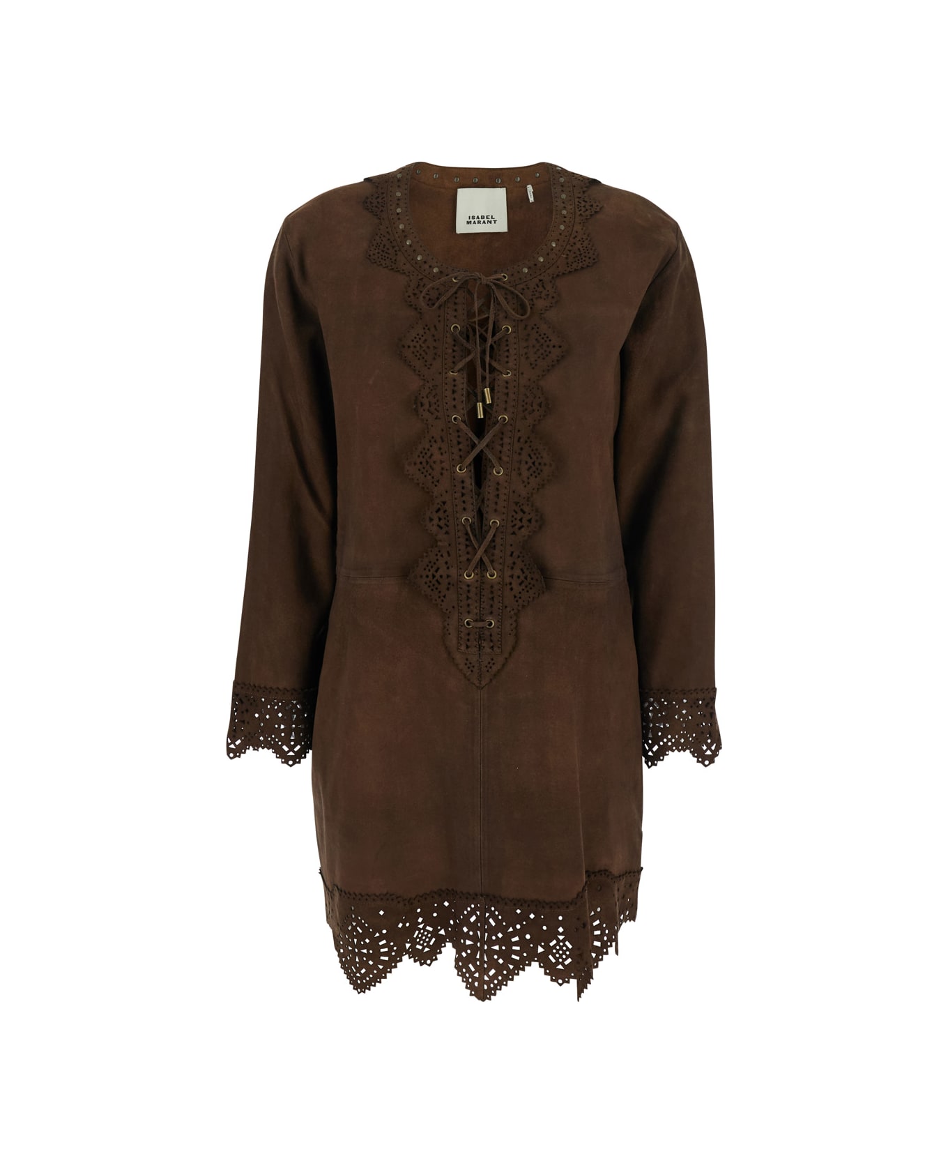 Isabel Marant 'charlina' Brown Blouse With V Neck With Studs And Perforated And Notched Trims In Suede Woman - Brown