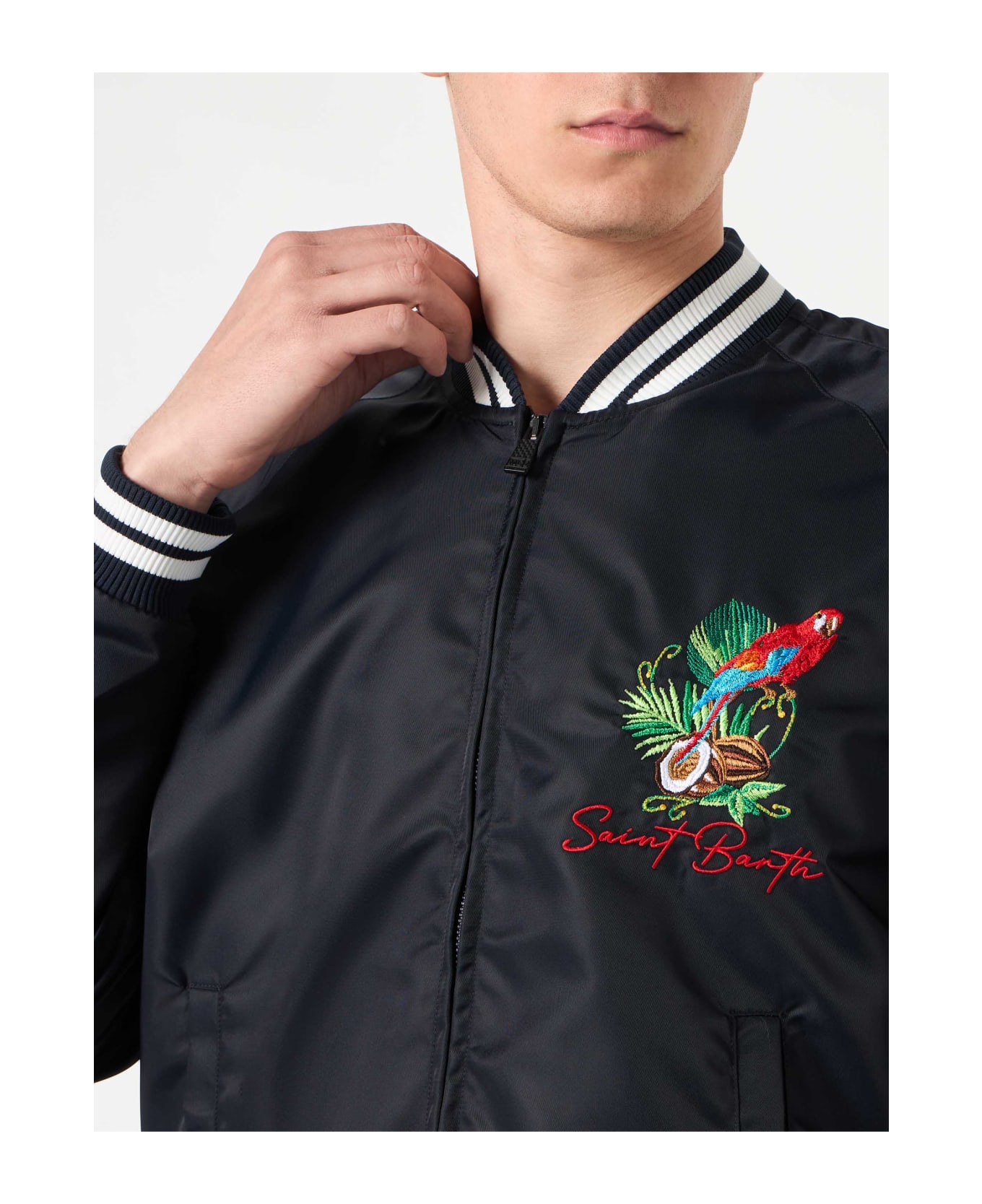 MC2 Saint Barth Man Blue Navy Jacket With Parrots Embroidery - BLUE