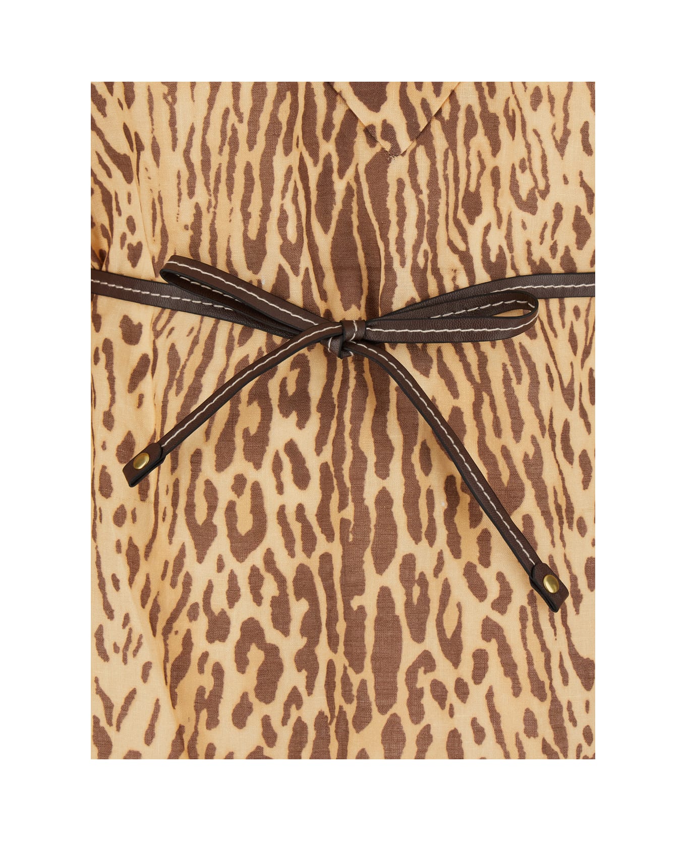Zimmermann 
cascadian
 Beige Tunic Dress With Stand-up Collar And All-over Leopard Print In Linen Woman - Beige