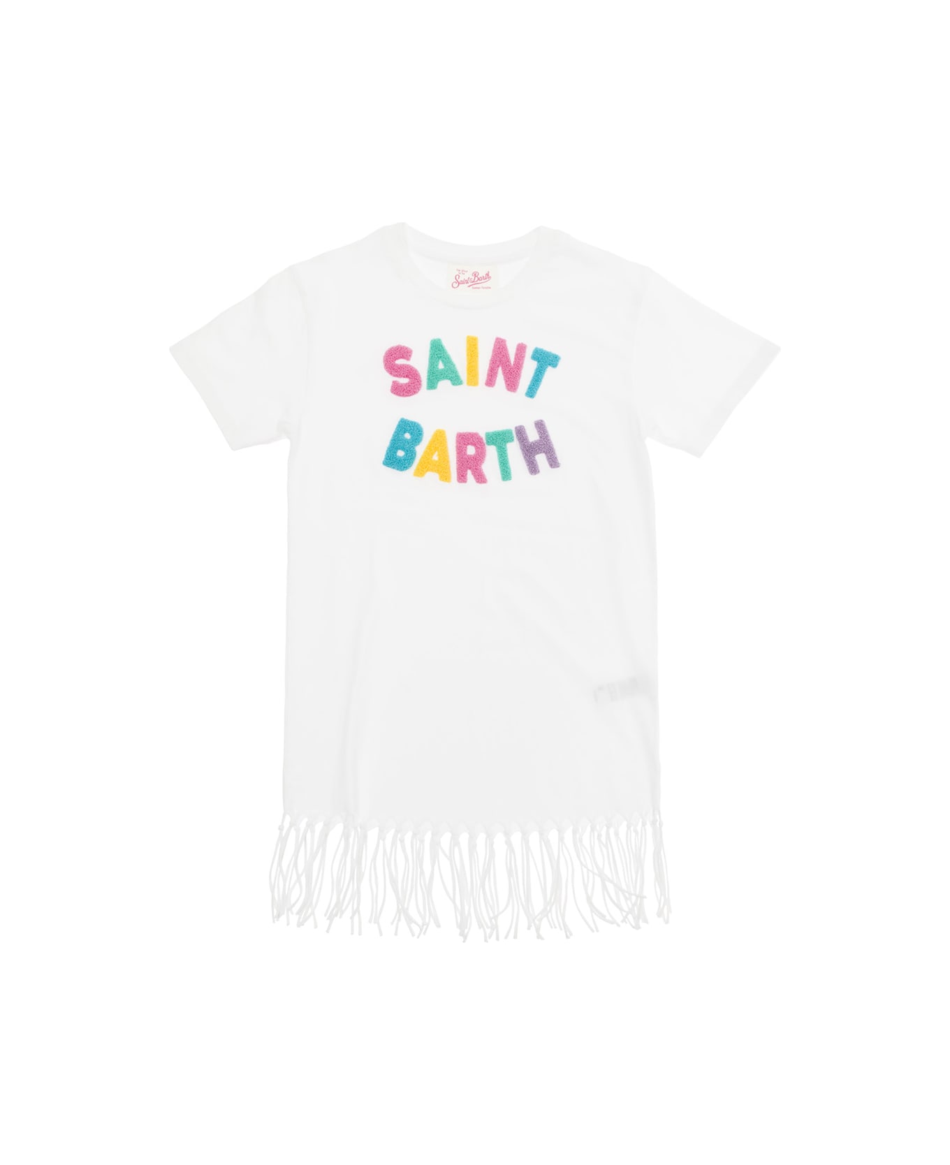MC2 Saint Barth 'abbey' White Dress With Fringes And Logo In Cotton Girl - White ワンピース＆ドレス