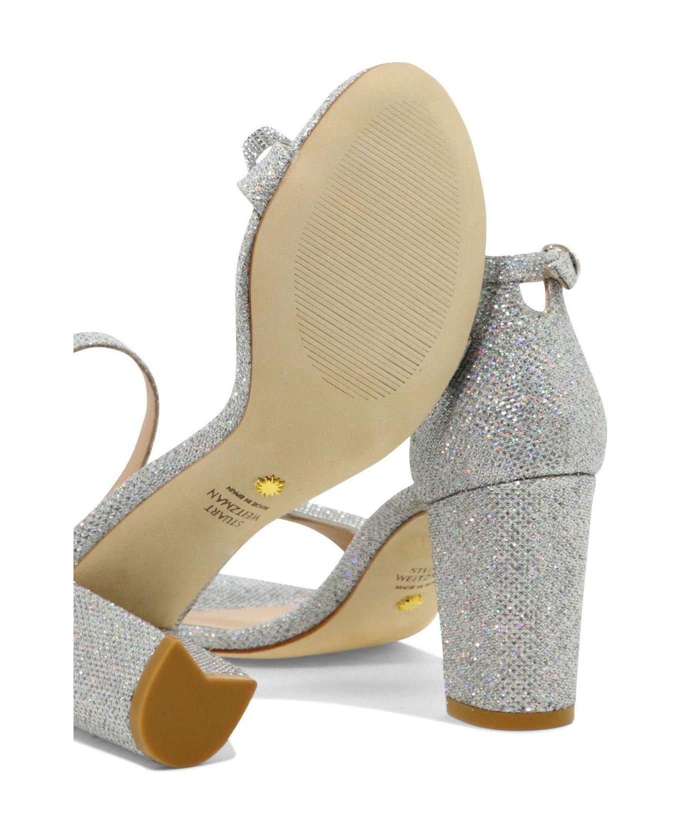 Stuart Weitzman Nearlynude Bow Strap Heeled Sandals - Crystal Silver サンダル