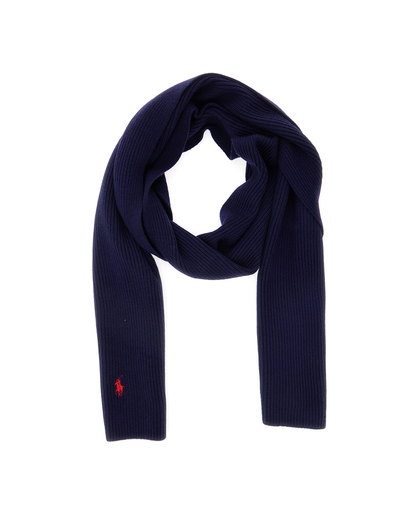 Ralph Lauren Blue Scarf And Beanie Set With Pony Embroidery On The Front In Wool Man - HUNTER NAVY