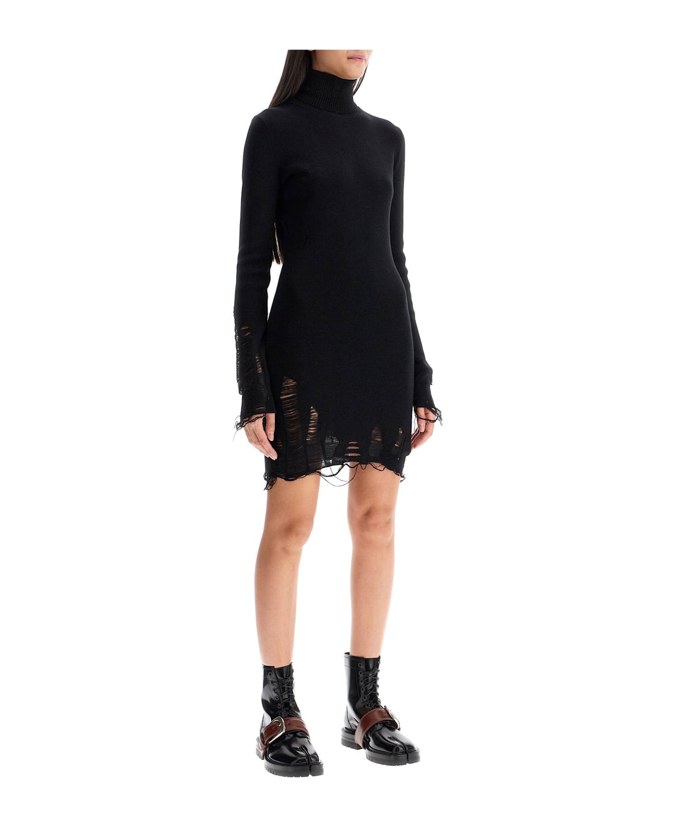 MM6 Maison Margiela Destroyed Knit Mini Dress - BLACK (Black)