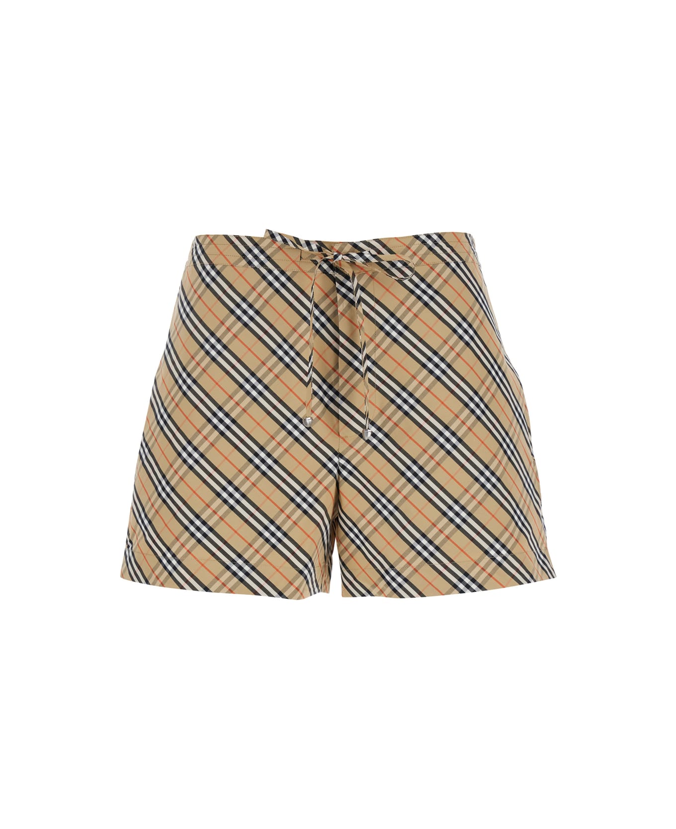 Burberry Beige Shorts With Elastic Drawstring Waist And All-over Check Motif In Cotton Woman - Beige