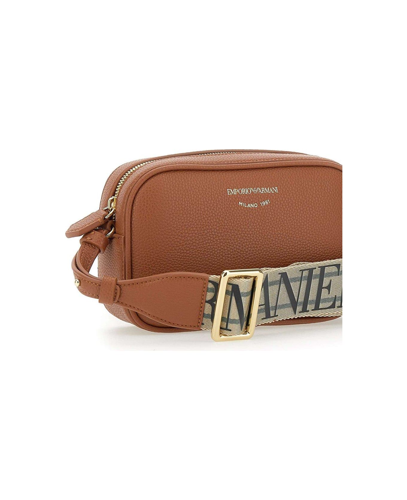 Emporio Armani Logo Detailed Zip-up Crossbody Bag - Leather Brown