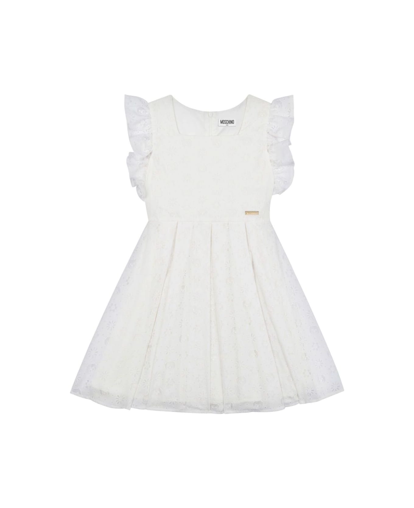 Moschino White Dress With Ruched Sleeves And Logo Plaque On The Front In Viscose Blend Girl - White
