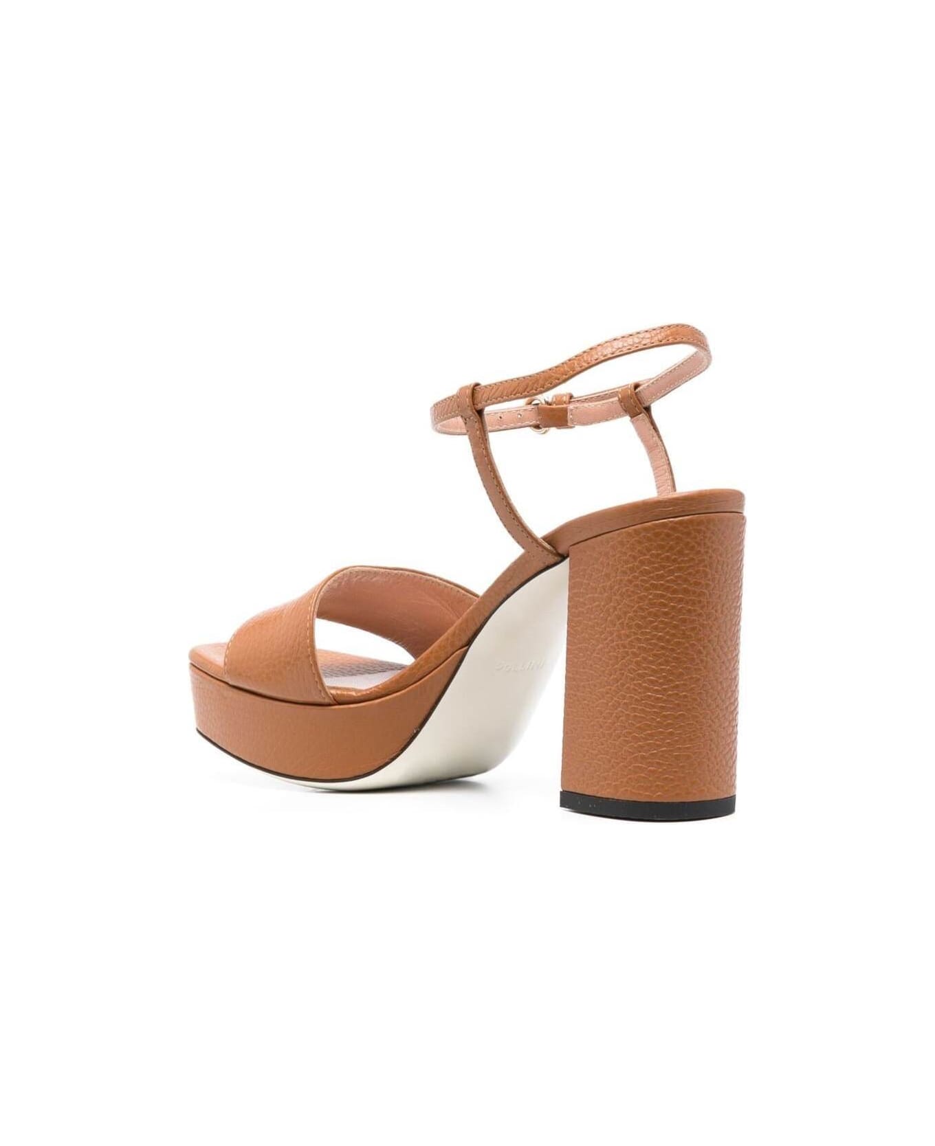 Pollini Plateau Sandals With Block Heel In Brown Leather Woman - Brown