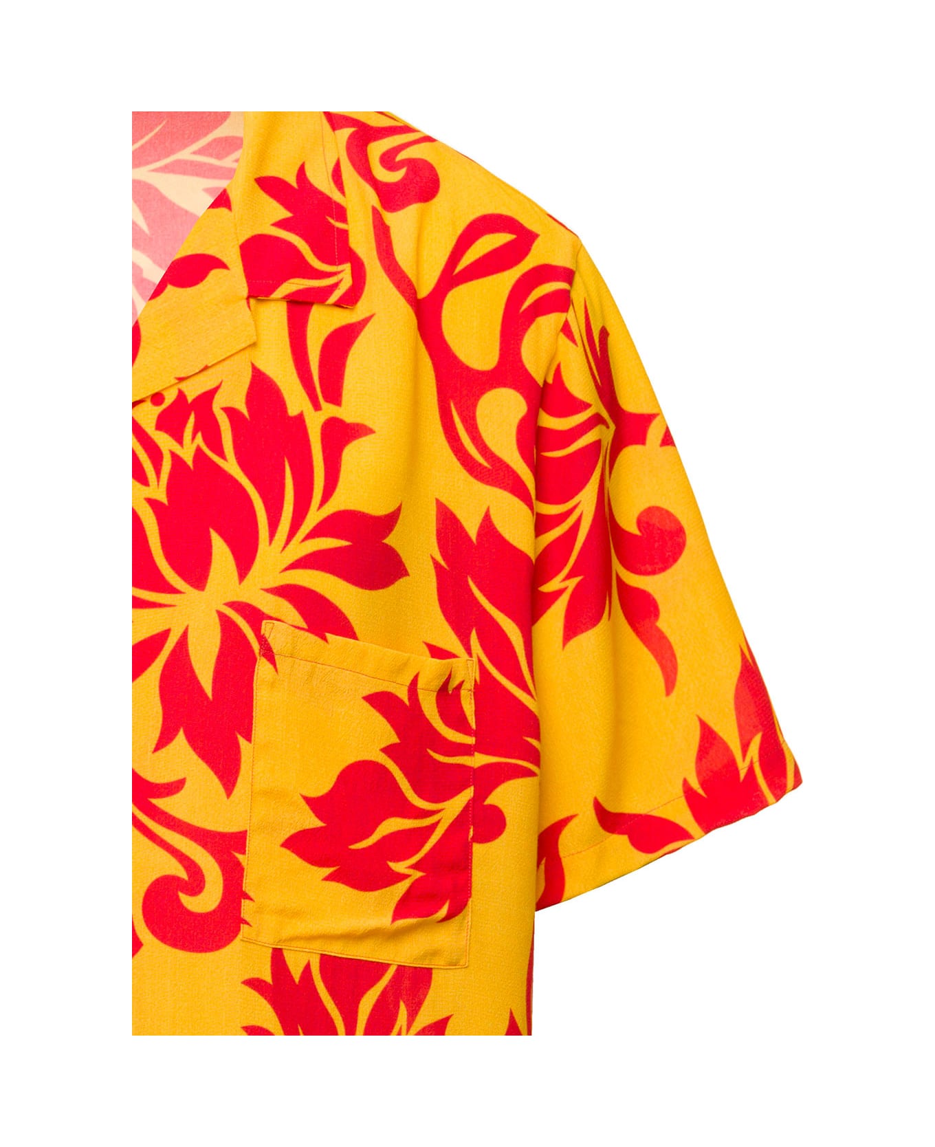 ERL Orange Bowling Shirt With Tropical Flowers Print In Viscose - Multicolor