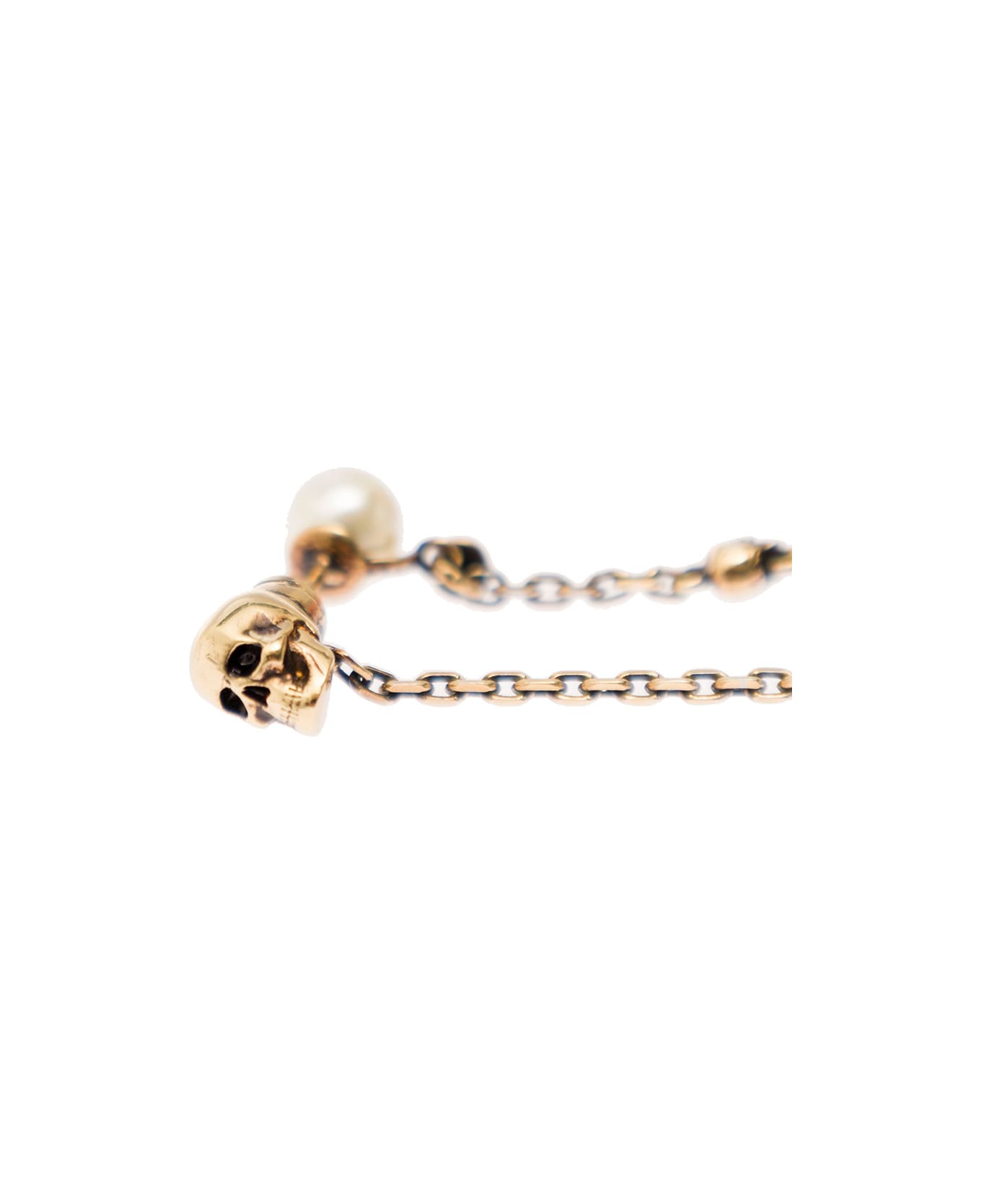 Alexander McQueen Antique Gold-finished Drop Chain V-neck With Skulls And Pearls In Brass Woman Alexander Mcqueen - Metallic