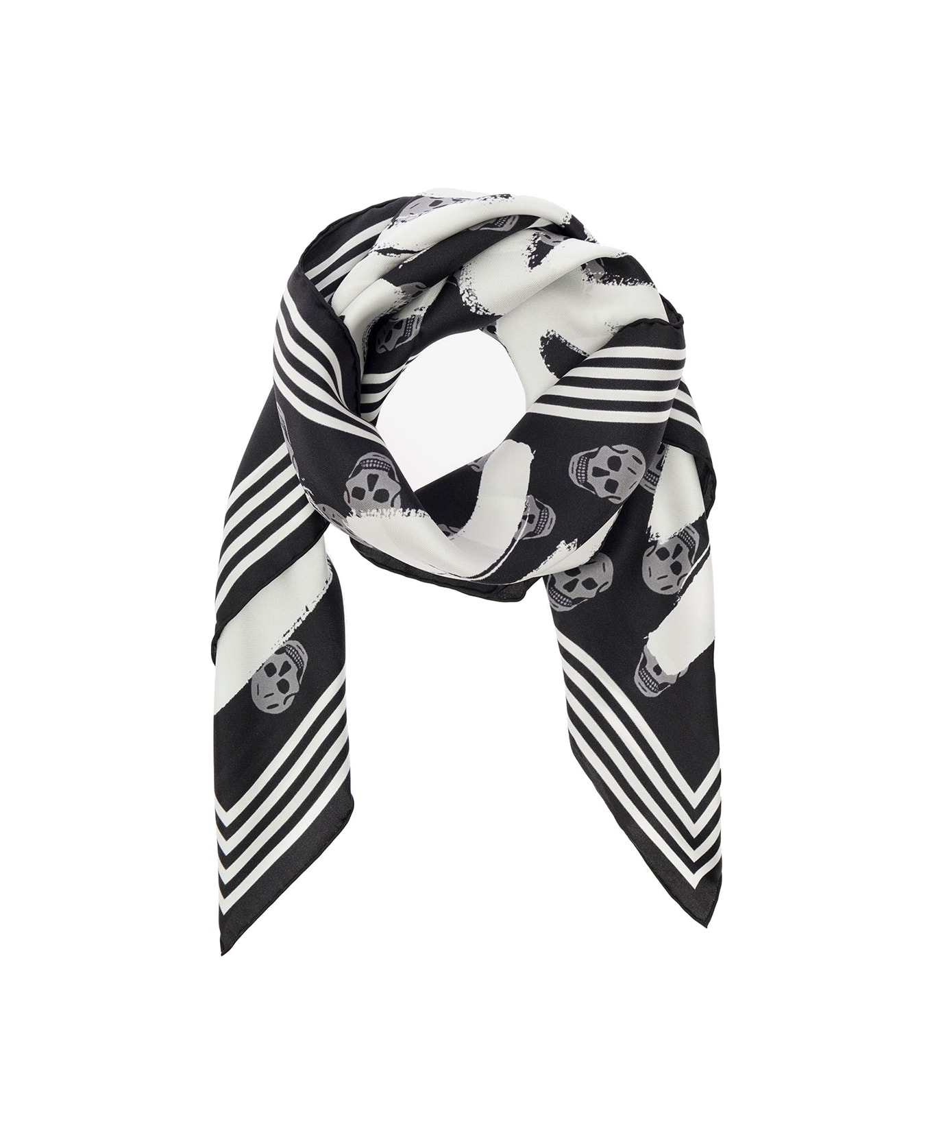 Alexander McQueen Black Scarf With Logo Print And Skull Motif All-over In Silk - Black