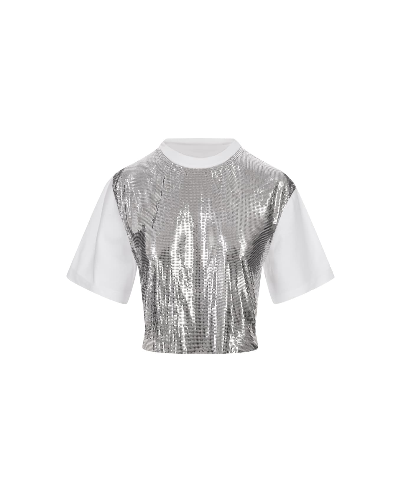 Paco Rabanne White Short T-shirt With Silver Mesh Panel - SILVER/WHITE