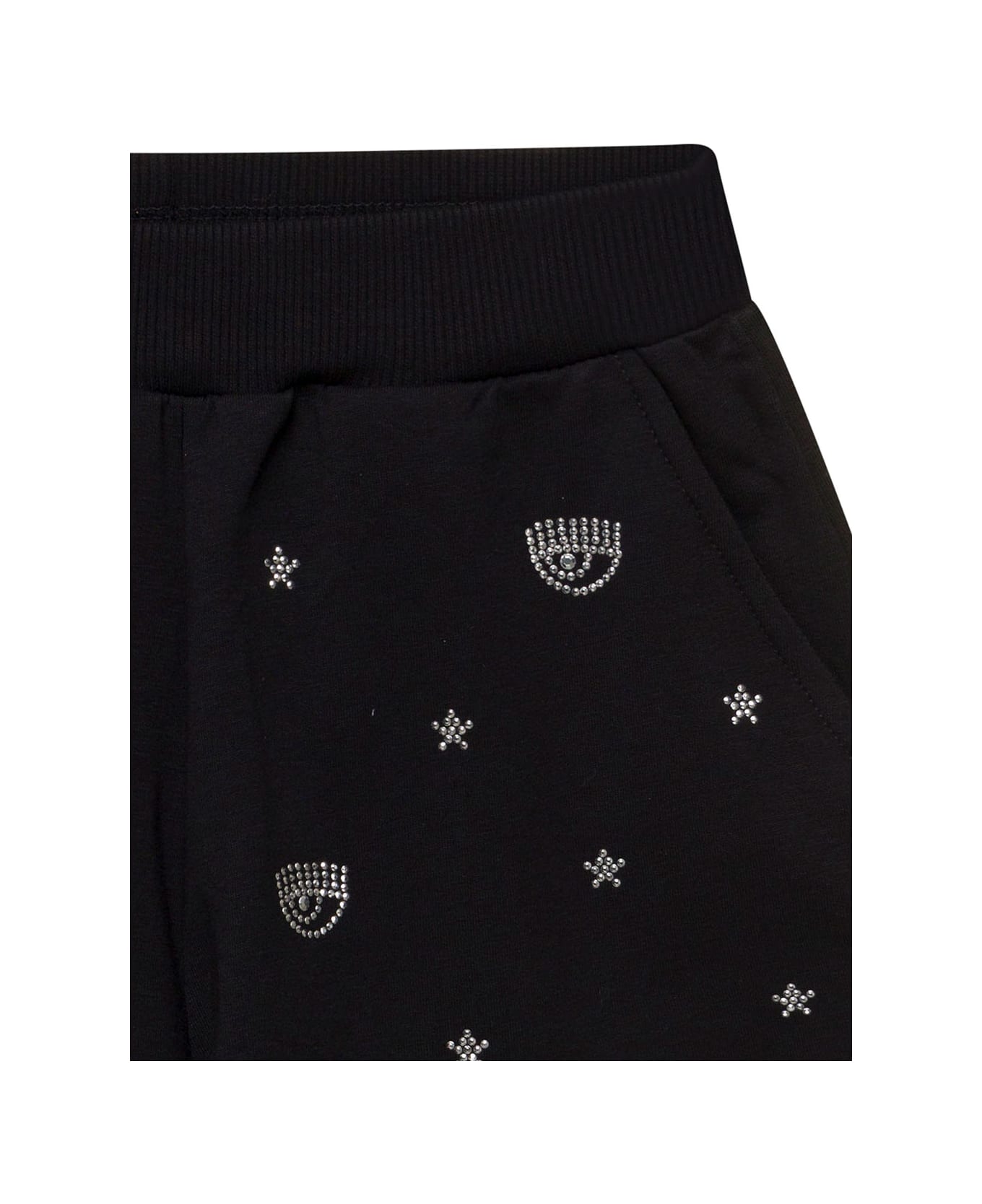 Chiara Ferragni Black Shorts With Rhinestone Embellished Logo In Stretch Cotton Girl - Black