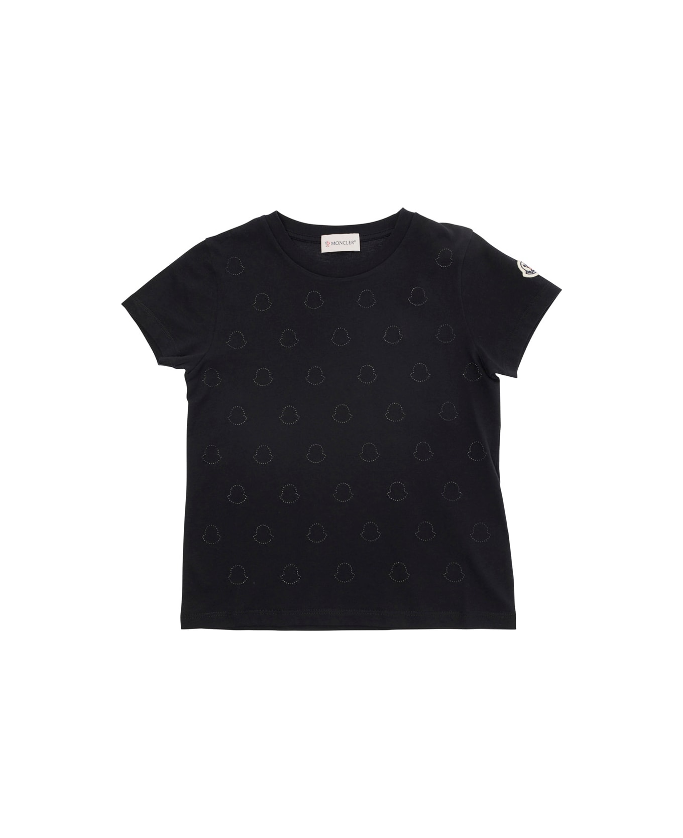 Moncler Black Crewneck T-shirt With Rhinestone Logo In Cotton Girl - Black