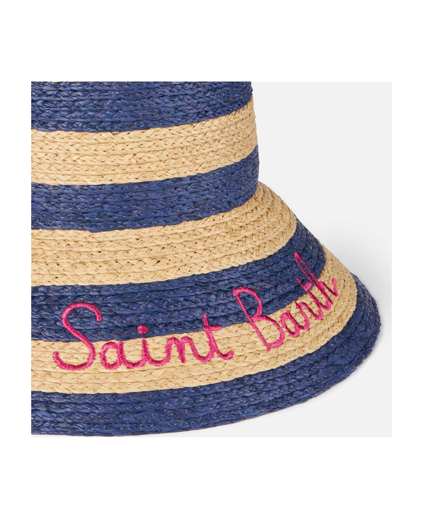 MC2 Saint Barth Woman Straw Bucket With Front Embroidery And Stripes - BLUE