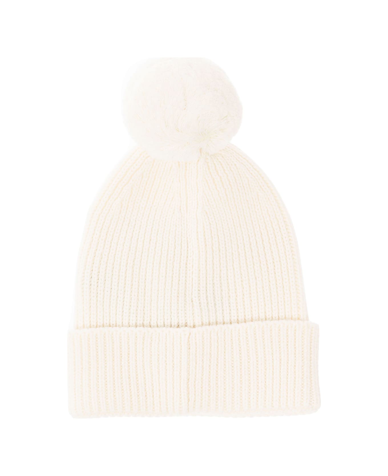Golden Goose Ribbed White Cotton And Wool Hat With Pom Pon Detail Girl Kids - Bianco