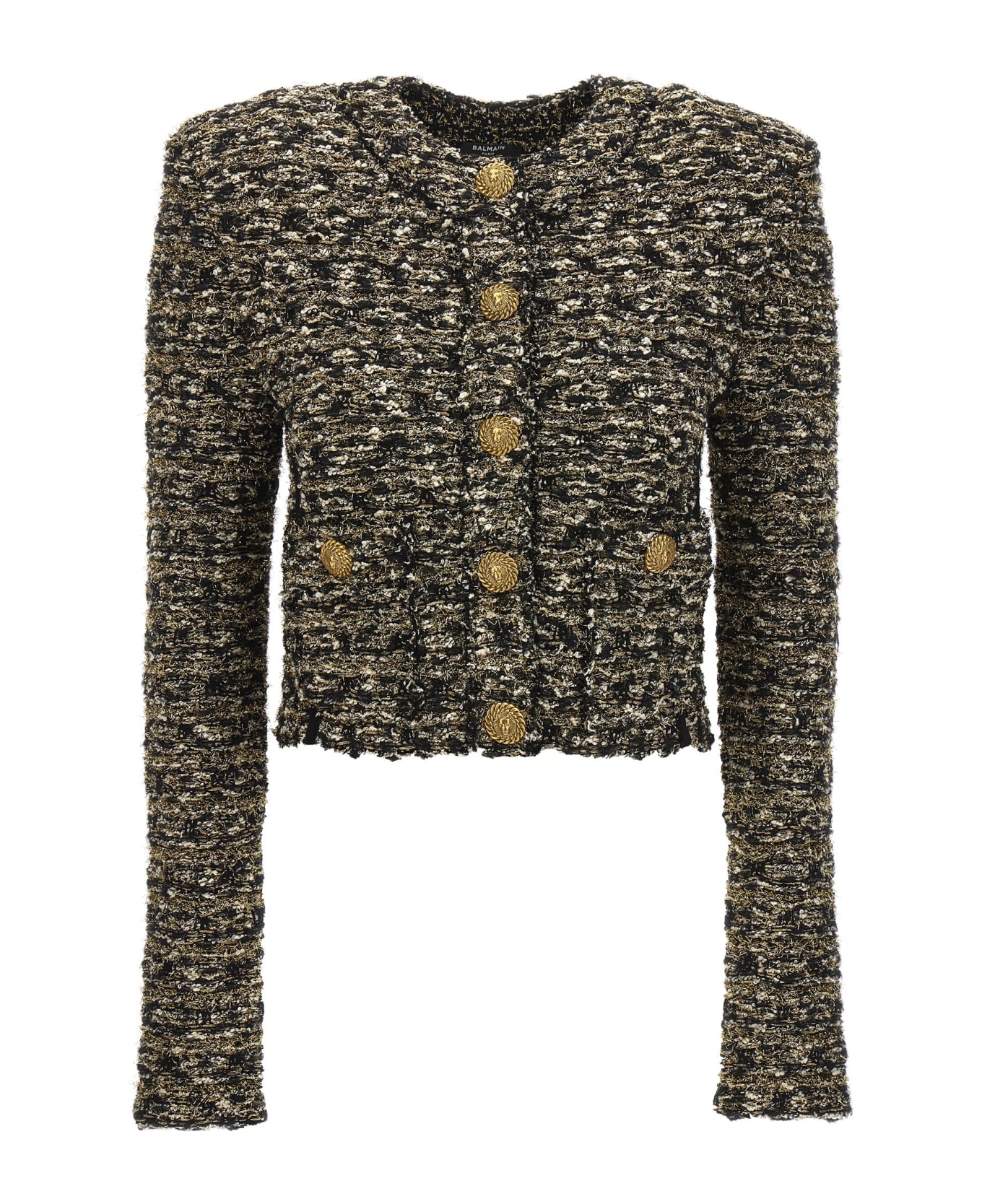 Balmain Collarless Tweed Cropped Jacket - Ead Noir Or