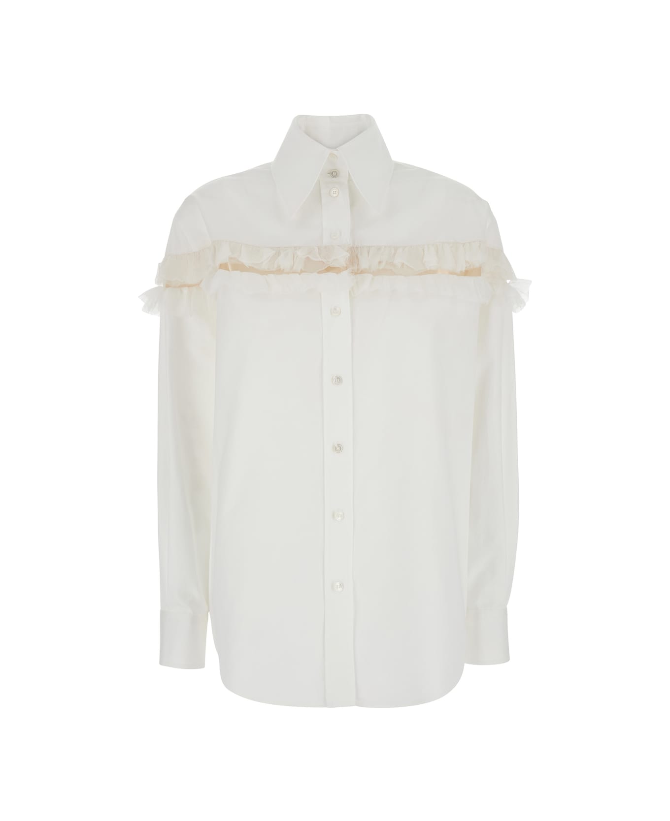 Alexander McQueen White Oversized Shirt With Pointed Collar And Creponne Carvings In Cotton Poplin Woman - White