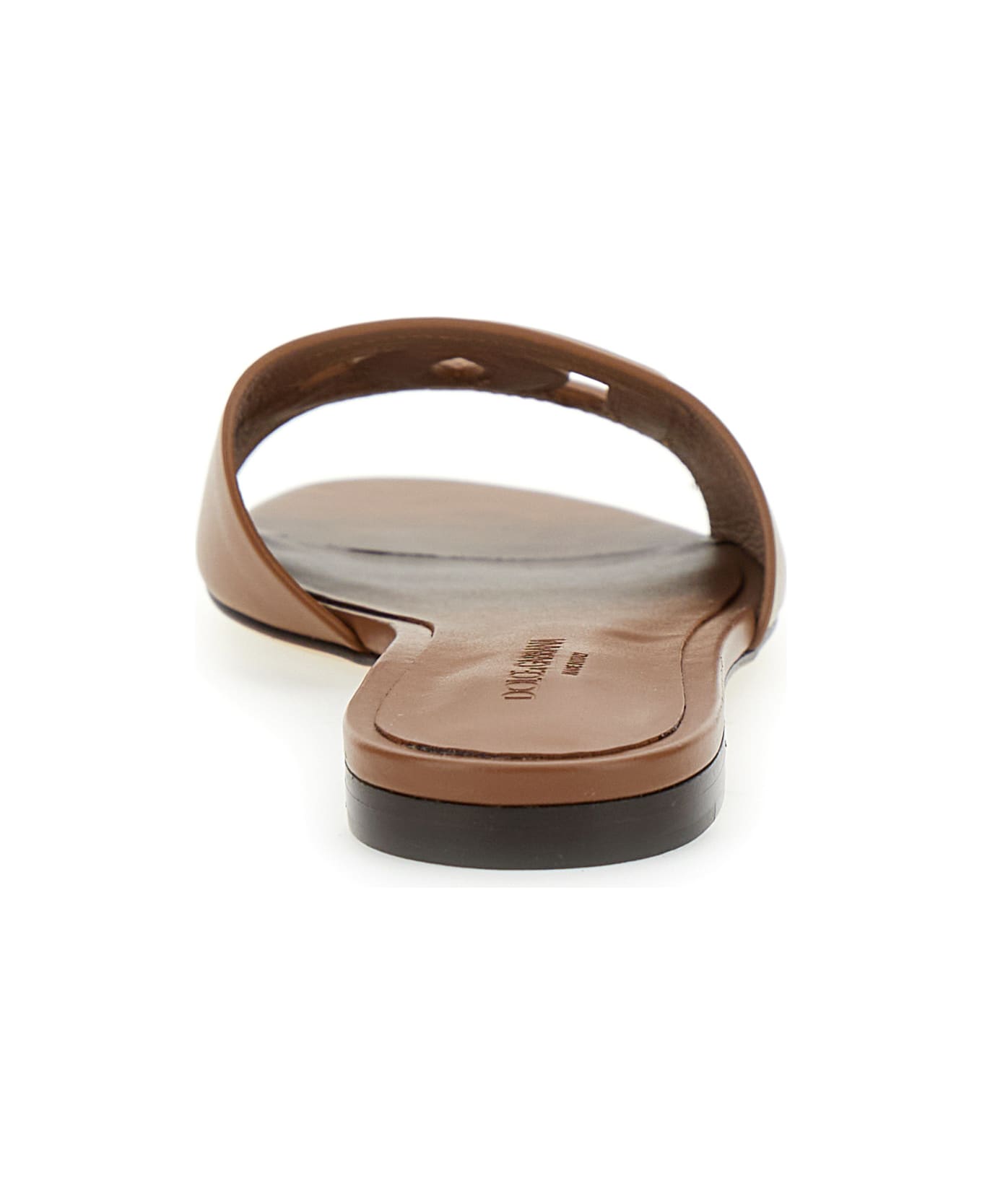 Dolce & Gabbana Slide Sandals With Cut Out Logo In Leather Woman - Brown